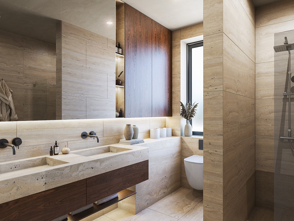 Luxuriöses Badezimmer mit Naturstein und Holz