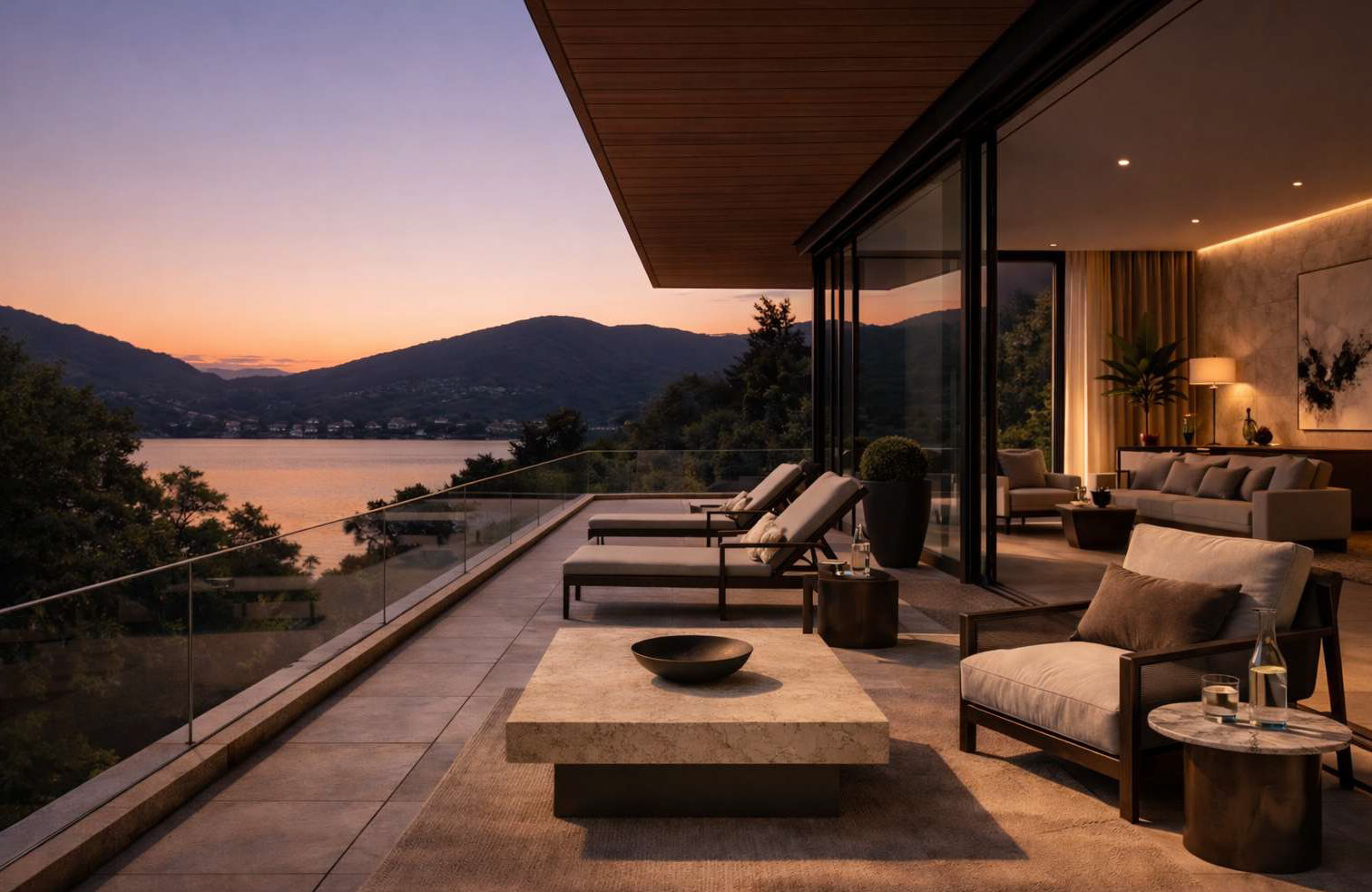 Luxuriöse Terrasse mit Seeblick bei Sonnenuntergang