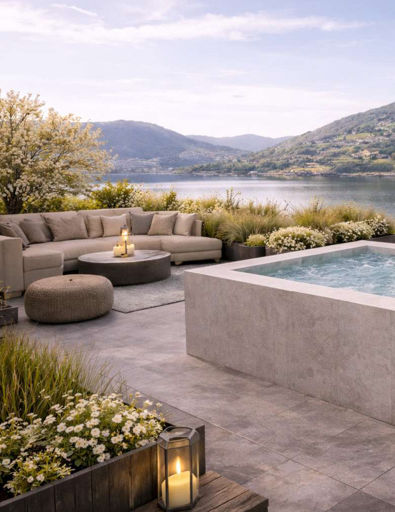 Luxuriöse Seeterrasse mit Whirlpool und Lounge