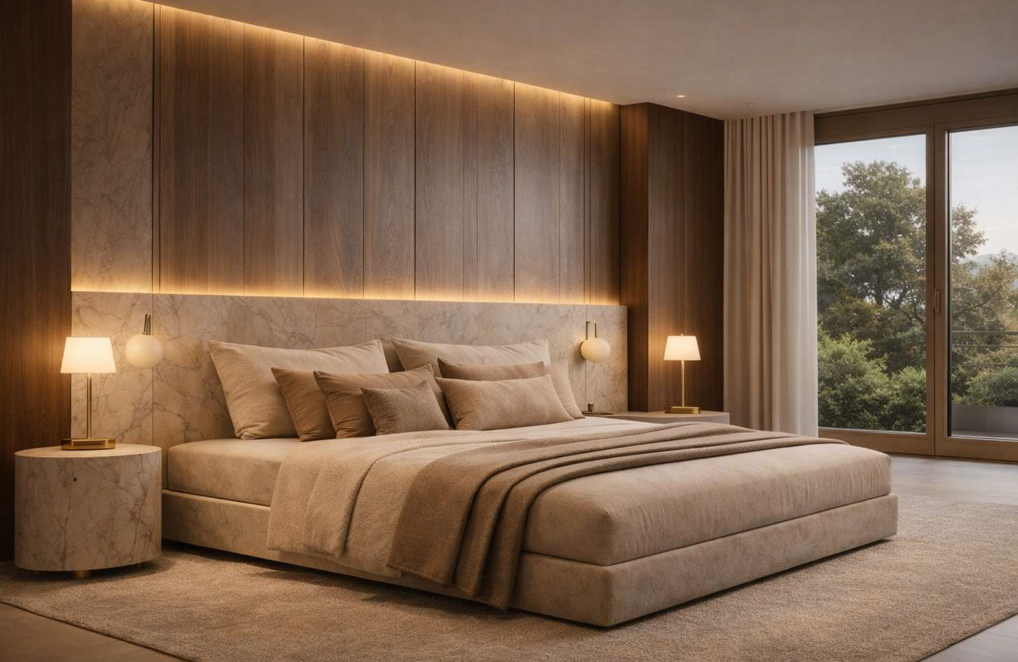 Luxuriöses Schlafzimmer mit warmem Holz und Naturstein