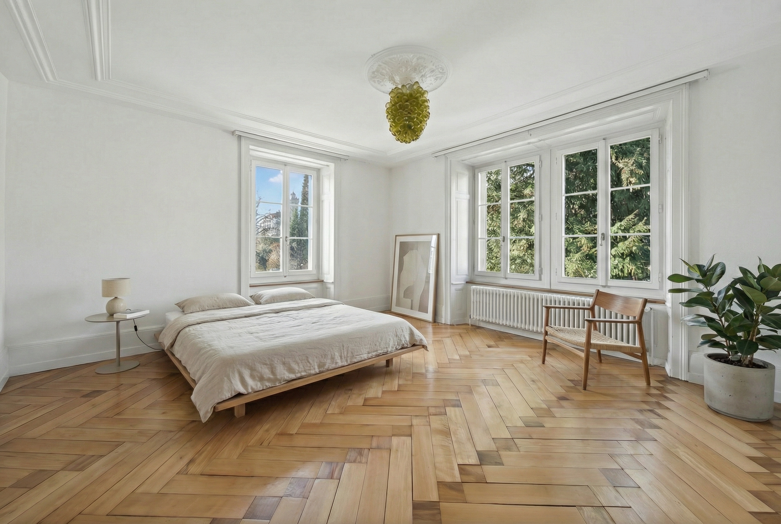 Helles Schlafzimmer mit Parkettboden und hohen Fenstern