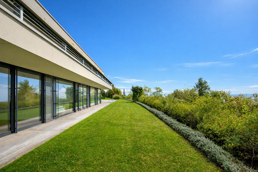 Moderne Außenansicht mit Garten und Glasfassade