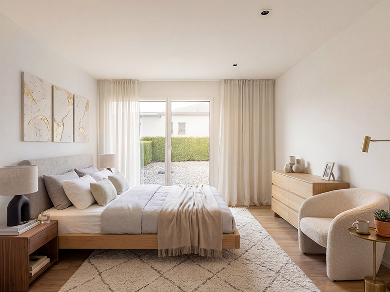 Helles, minimalistisches Schlafzimmer mit Zugang zum Garten