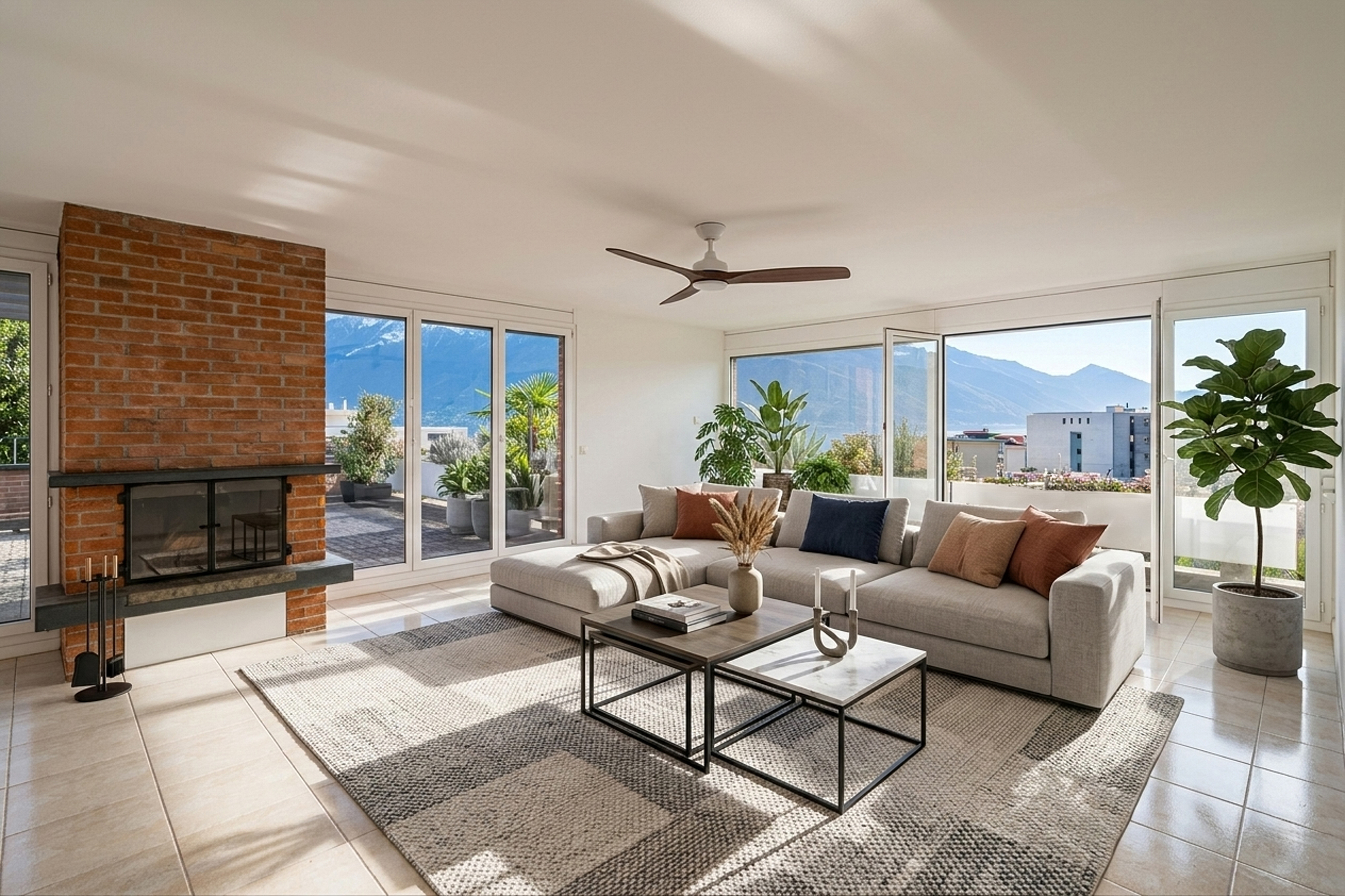 Helles Wohnzimmer mit Kamin und Bergblick
