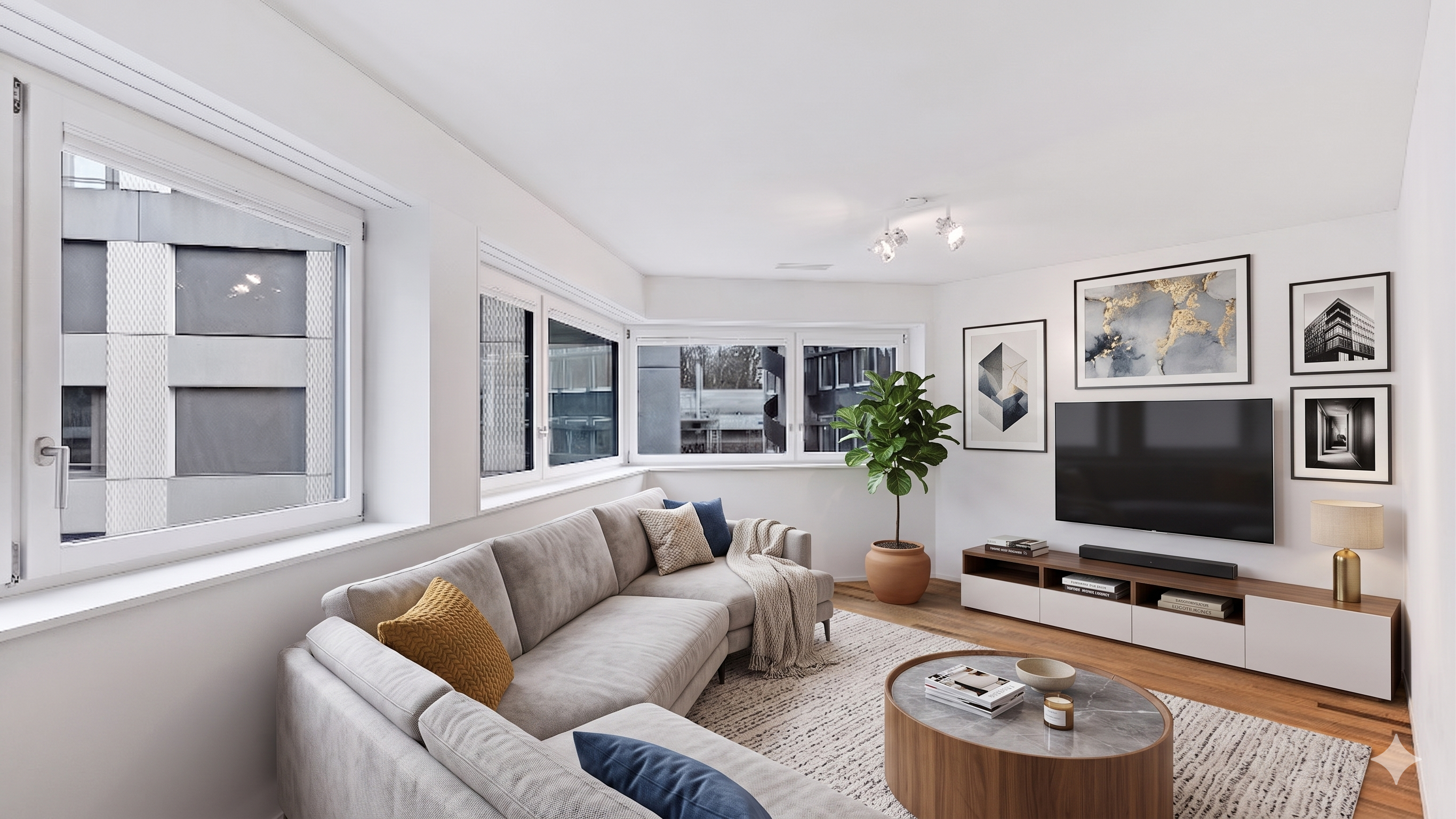 Helles, modernes Wohnzimmer mit Ecksofa