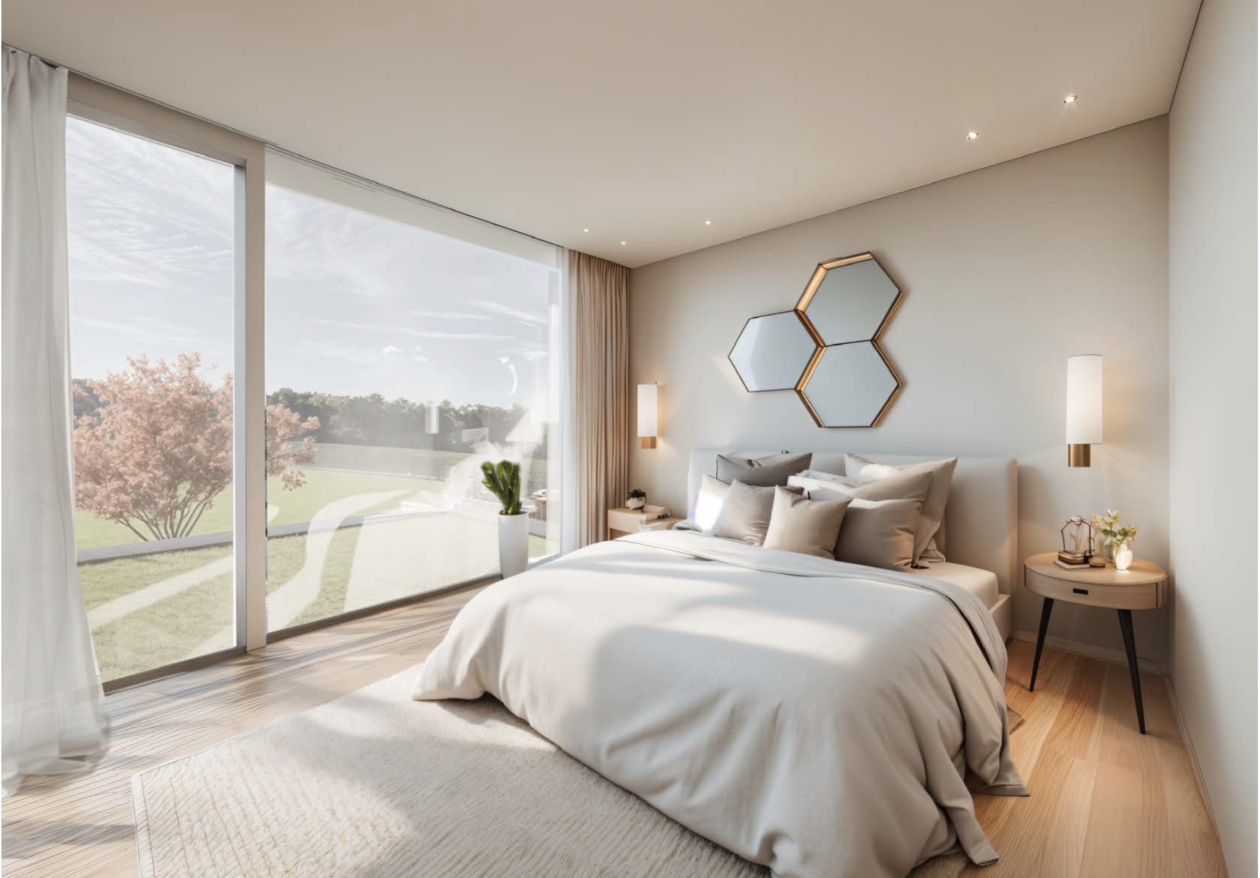 Helles, minimalistisches Schlafzimmer mit großflächiger Verglasung