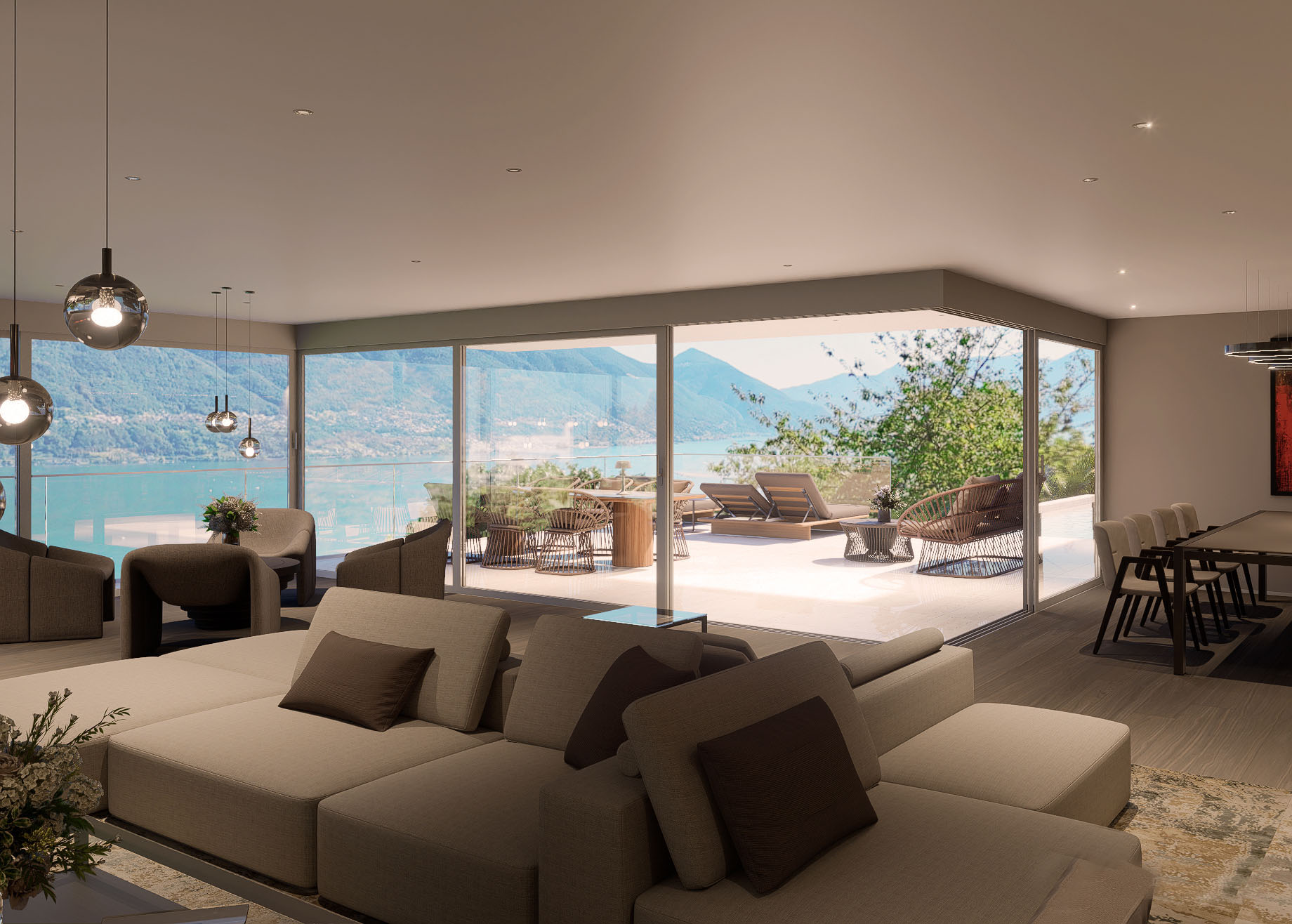 Modernes Wohn- und Esszimmer mit Panoramablick
