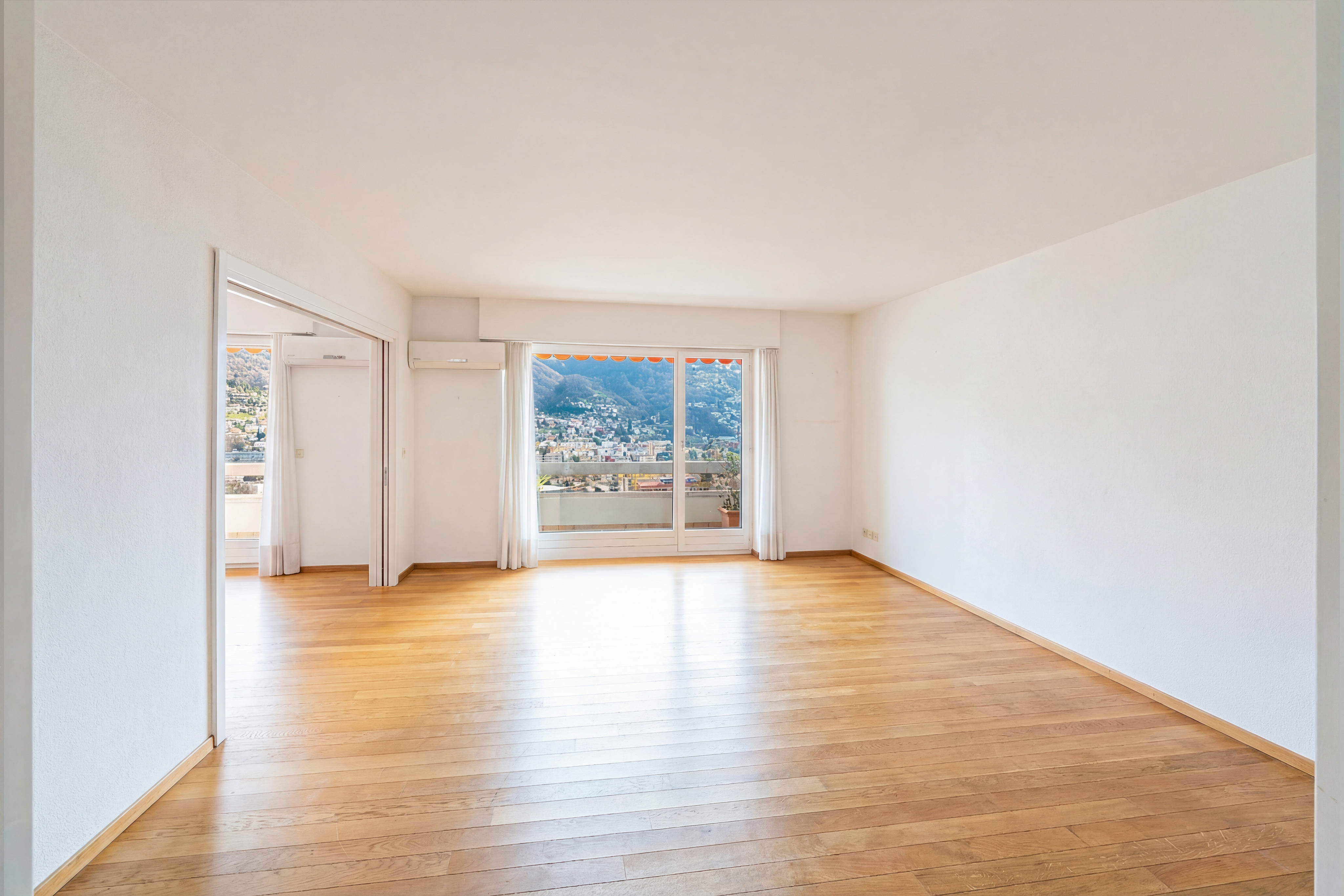 Heller leerer Wohnraum mit Bergblick