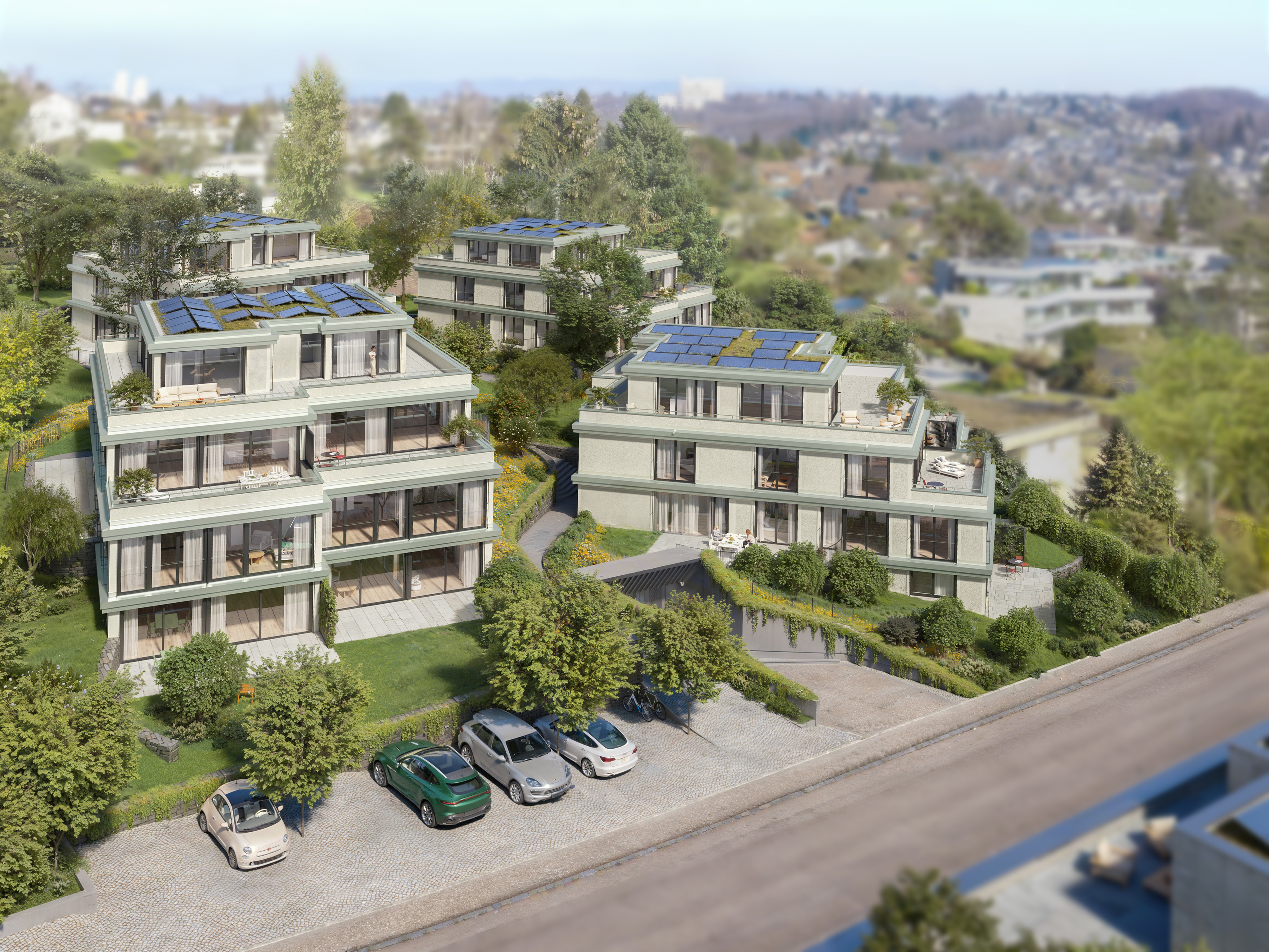 Moderne Wohnanlage mit Terrassen und Solardächern