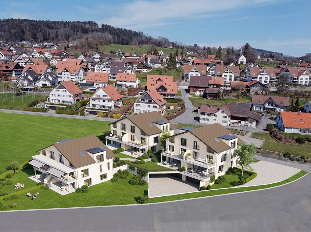 Luftaufnahme eines Wohnquartiers mit Neubauhäusern
