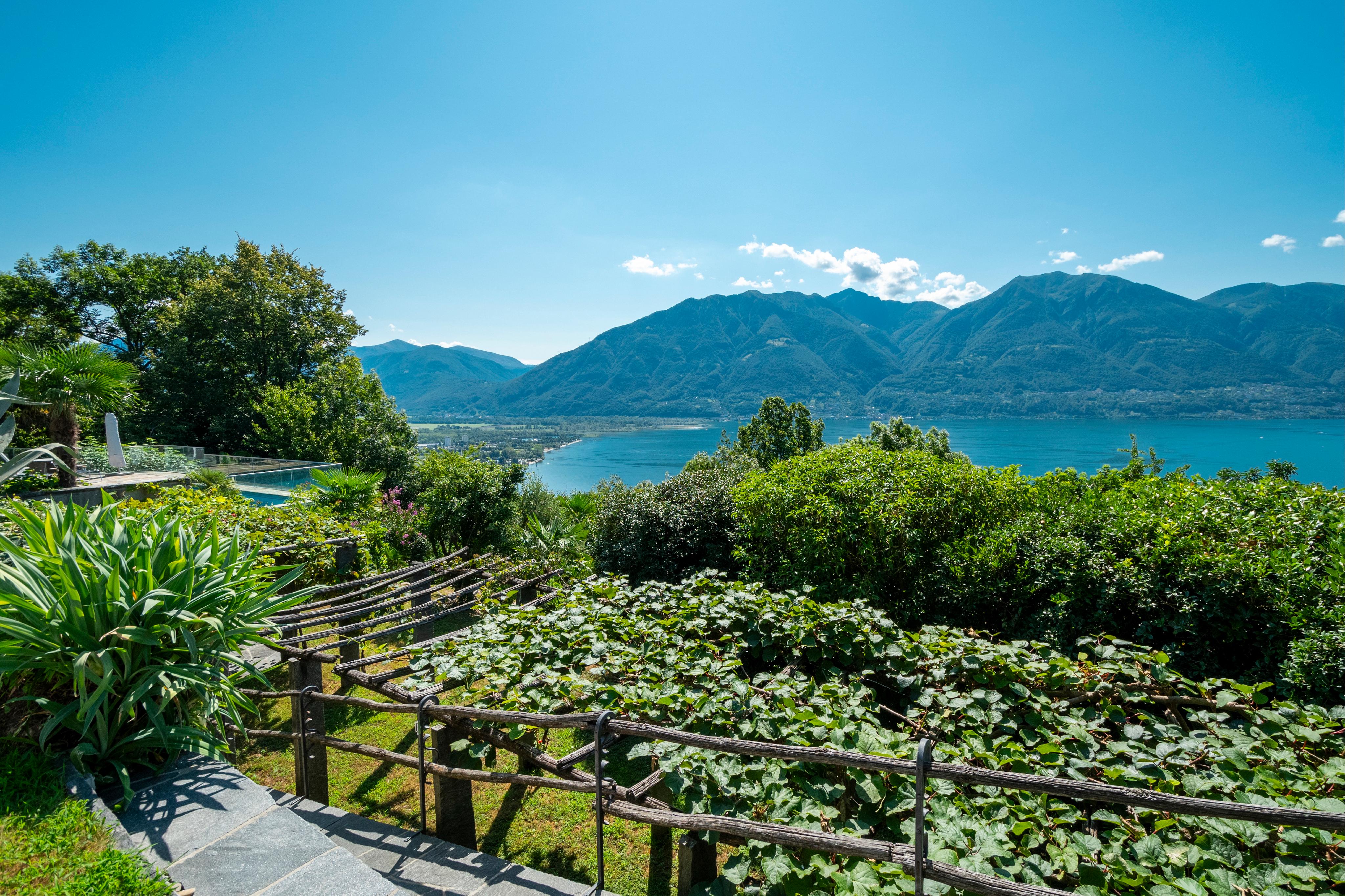 See- und Bergblick mit üppigem Garten