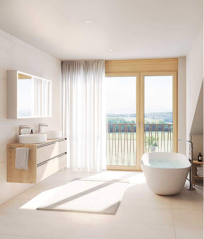 Helles, modernes Badezimmer mit Badewanne und Balkonblick