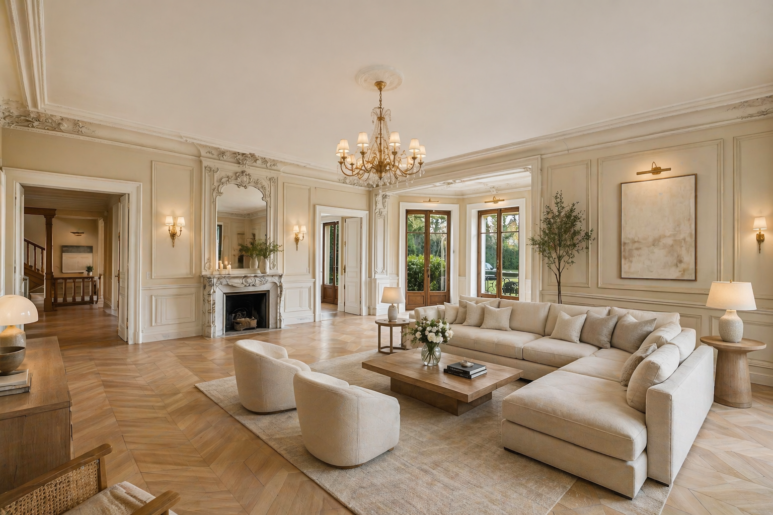 Elegantes Wohnzimmer mit Kamin und Kronleuchter