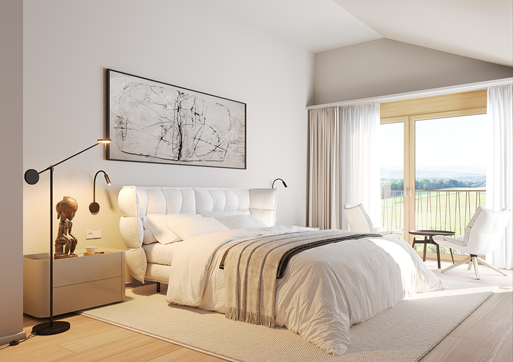 Helles, modern eingerichtetes Schlafzimmer mit Balkonblick