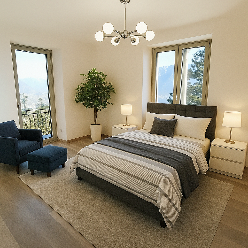 Helles Schlafzimmer mit Bergblick
