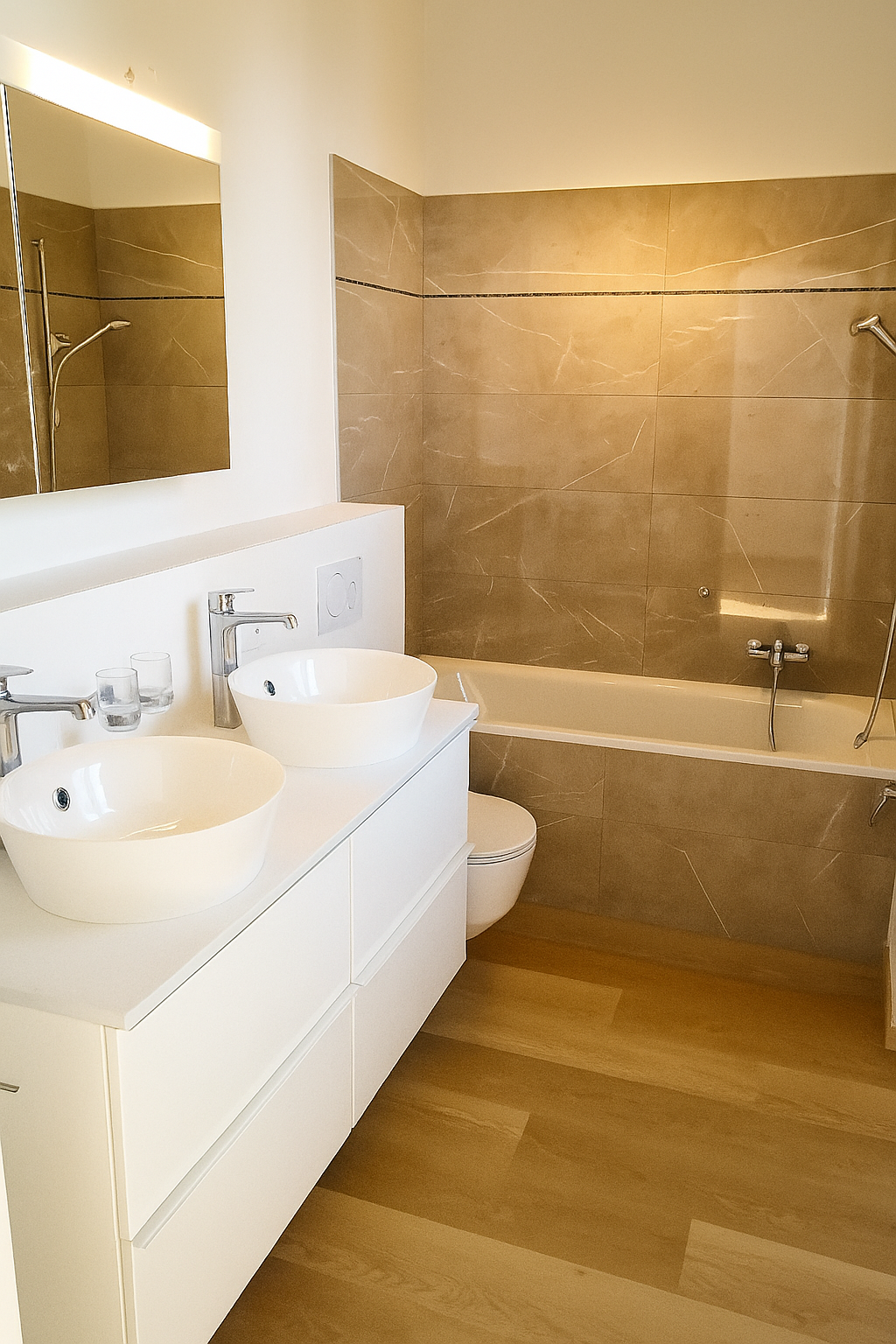 Modernes Badezimmer mit Doppelwaschtisch und Wanne