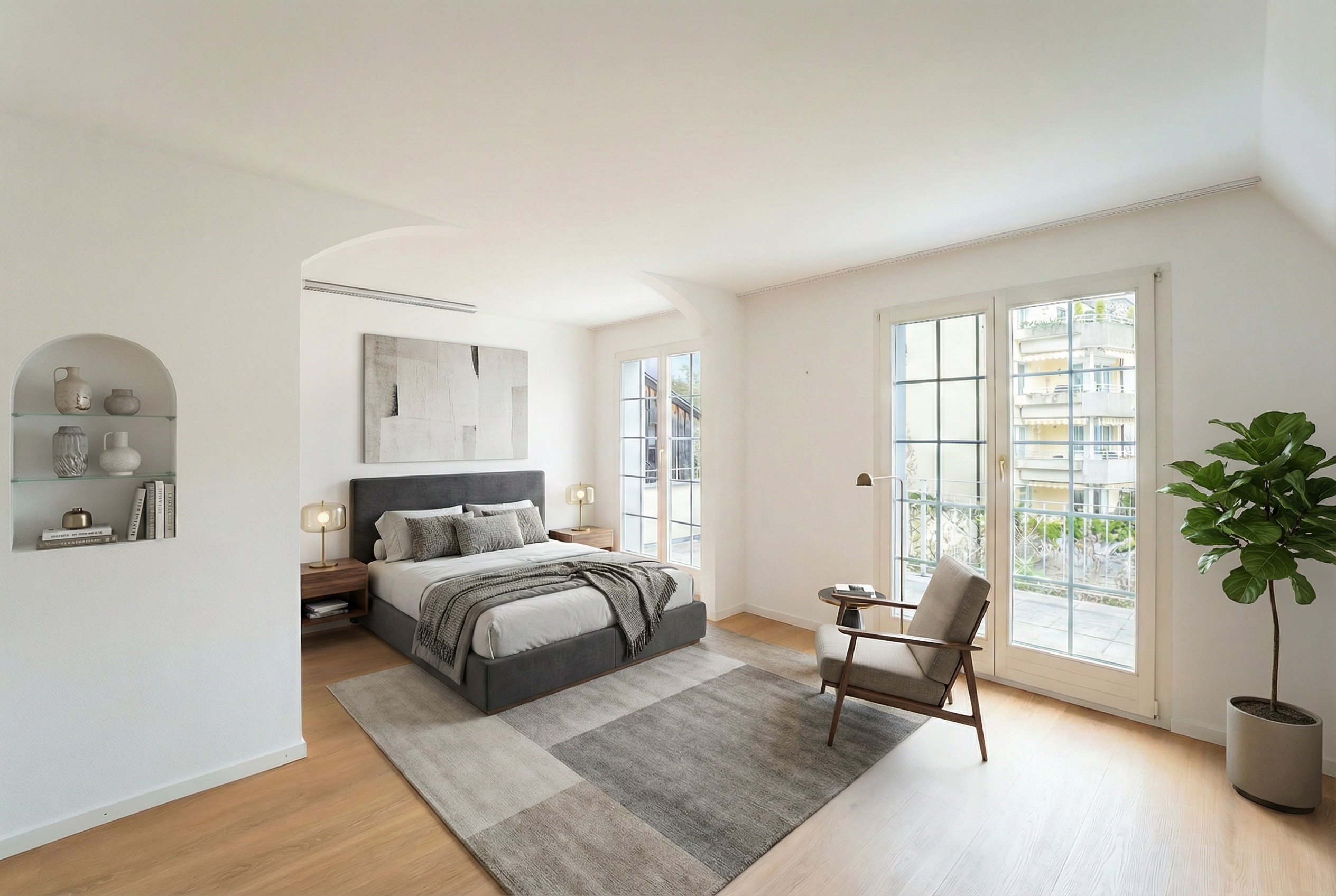 Helles, minimalistisch eingerichtetes Schlafzimmer