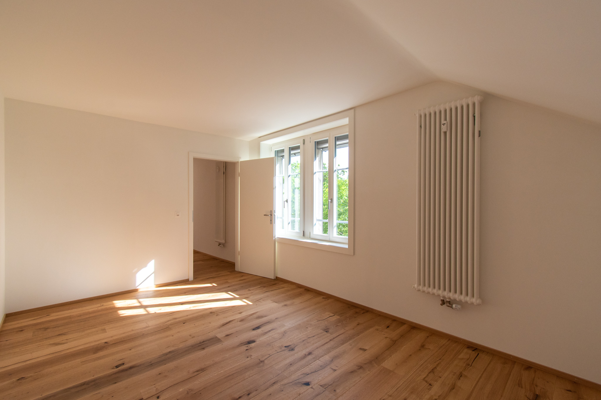 Helles, leeres Zimmer mit Holzboden