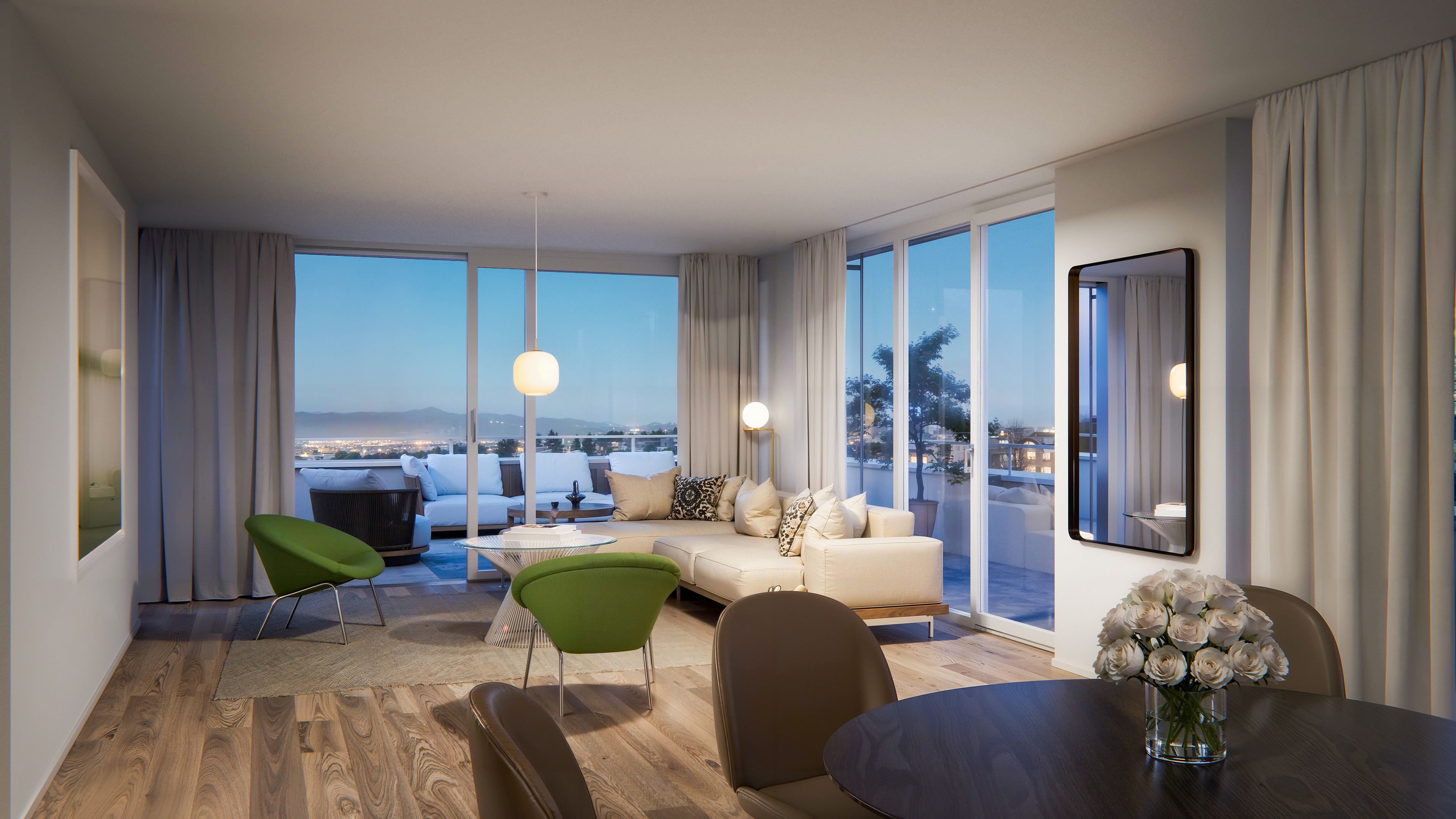 Helles, modernes Wohnzimmer mit Blick ins Freie