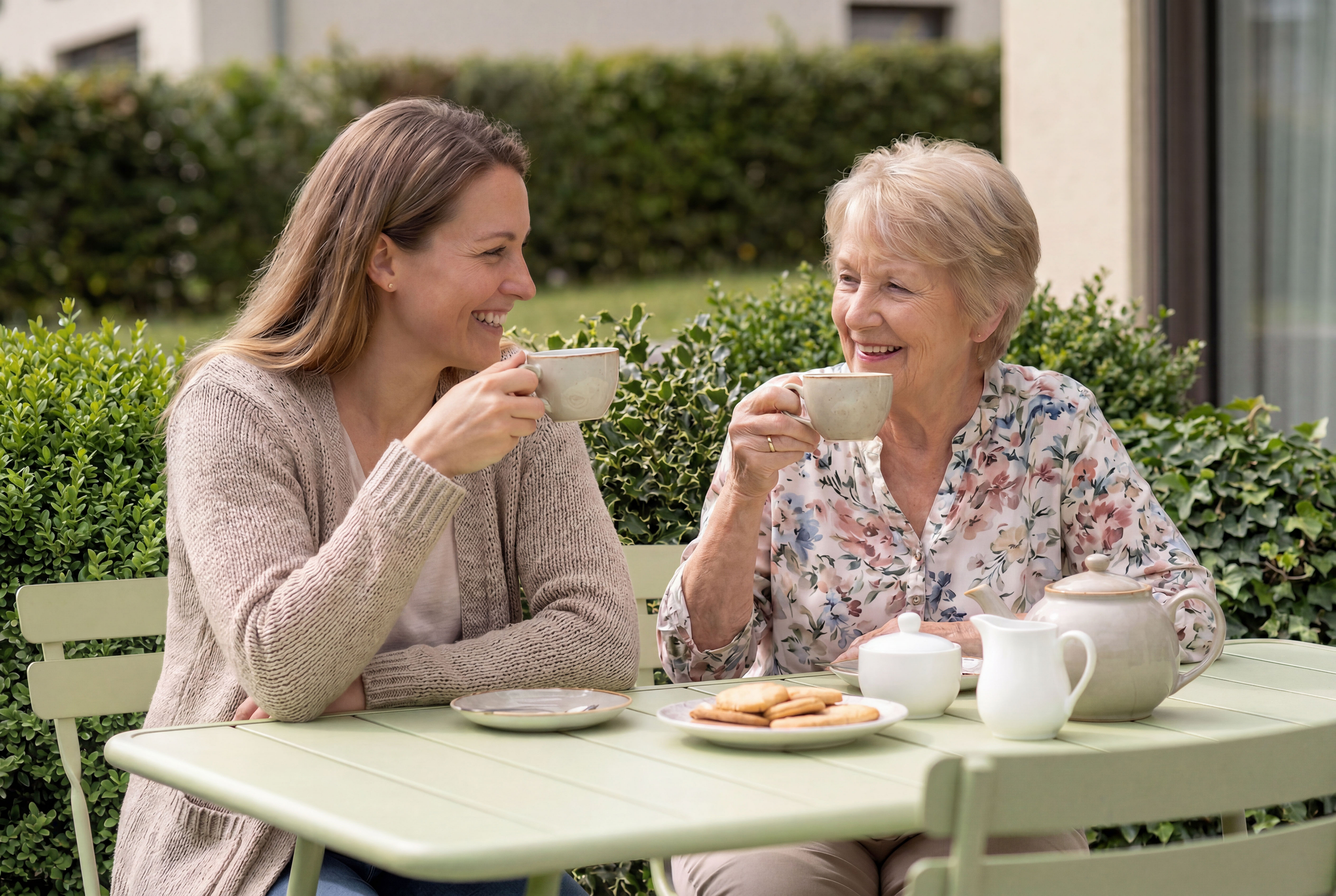 Drei Personen im Garten beim Teetrinken am Tisch