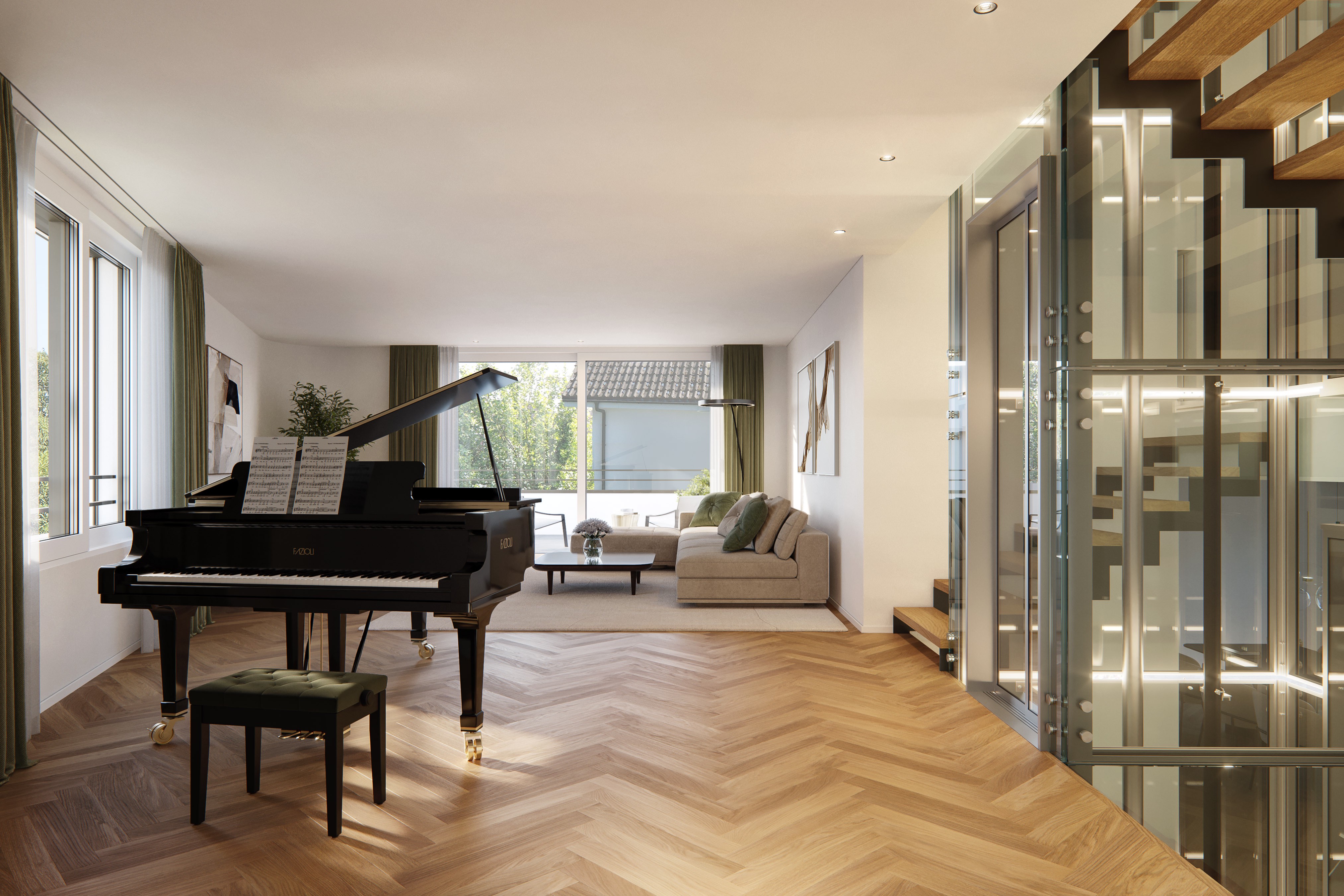 Wohnraum mit Klavier und Sitzbereich