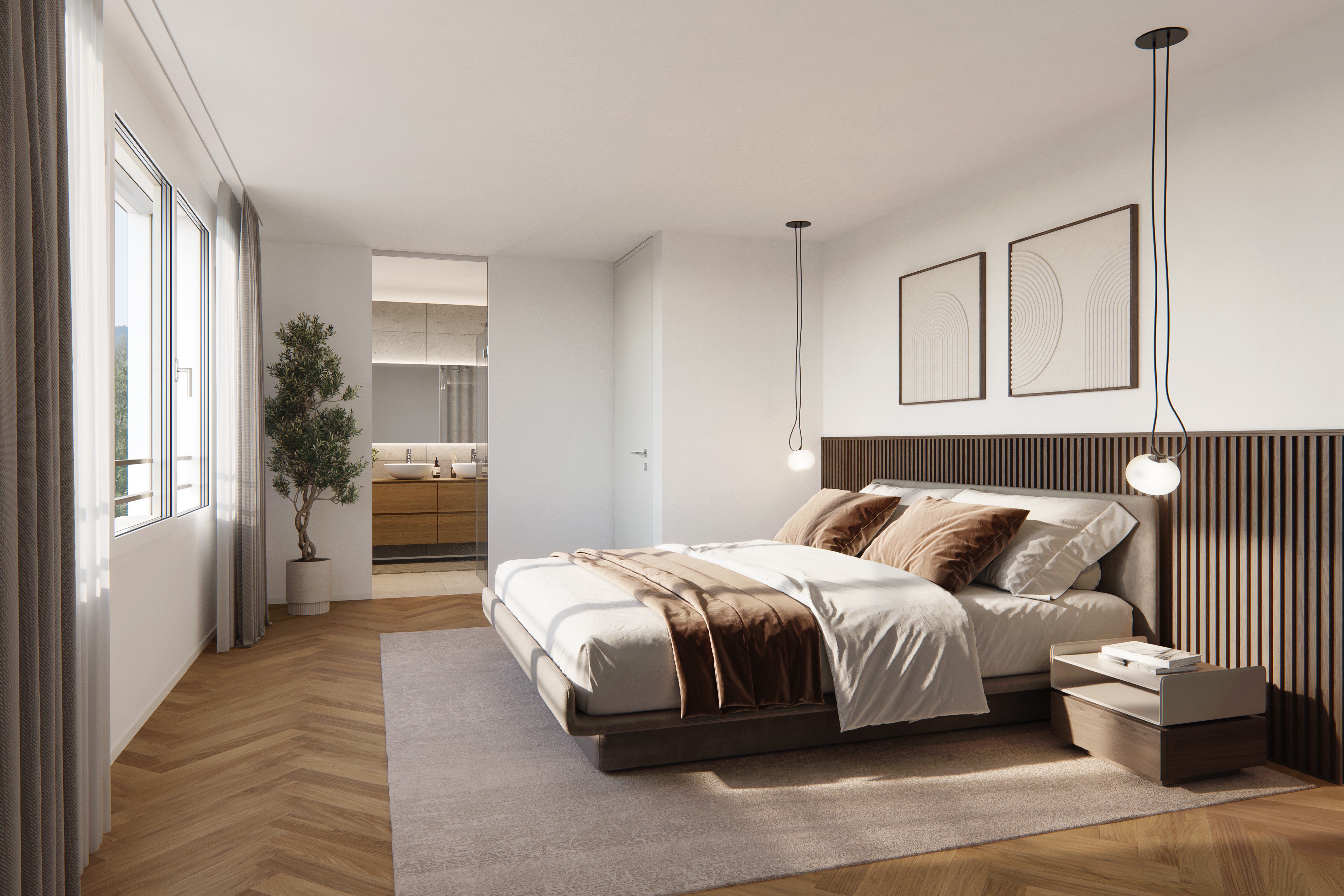 Modernes Schlafzimmer mit Blick ins angrenzende Bad