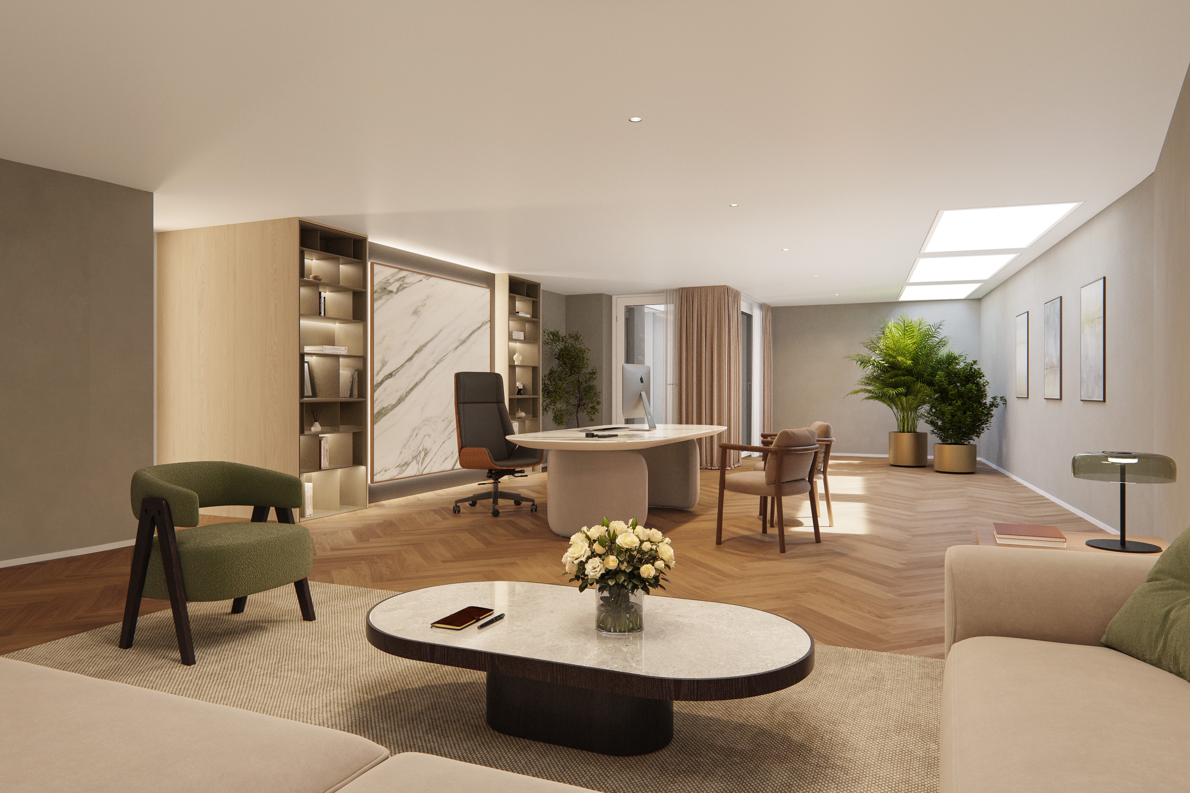 Modernes Homeoffice mit Lounge-Bereich