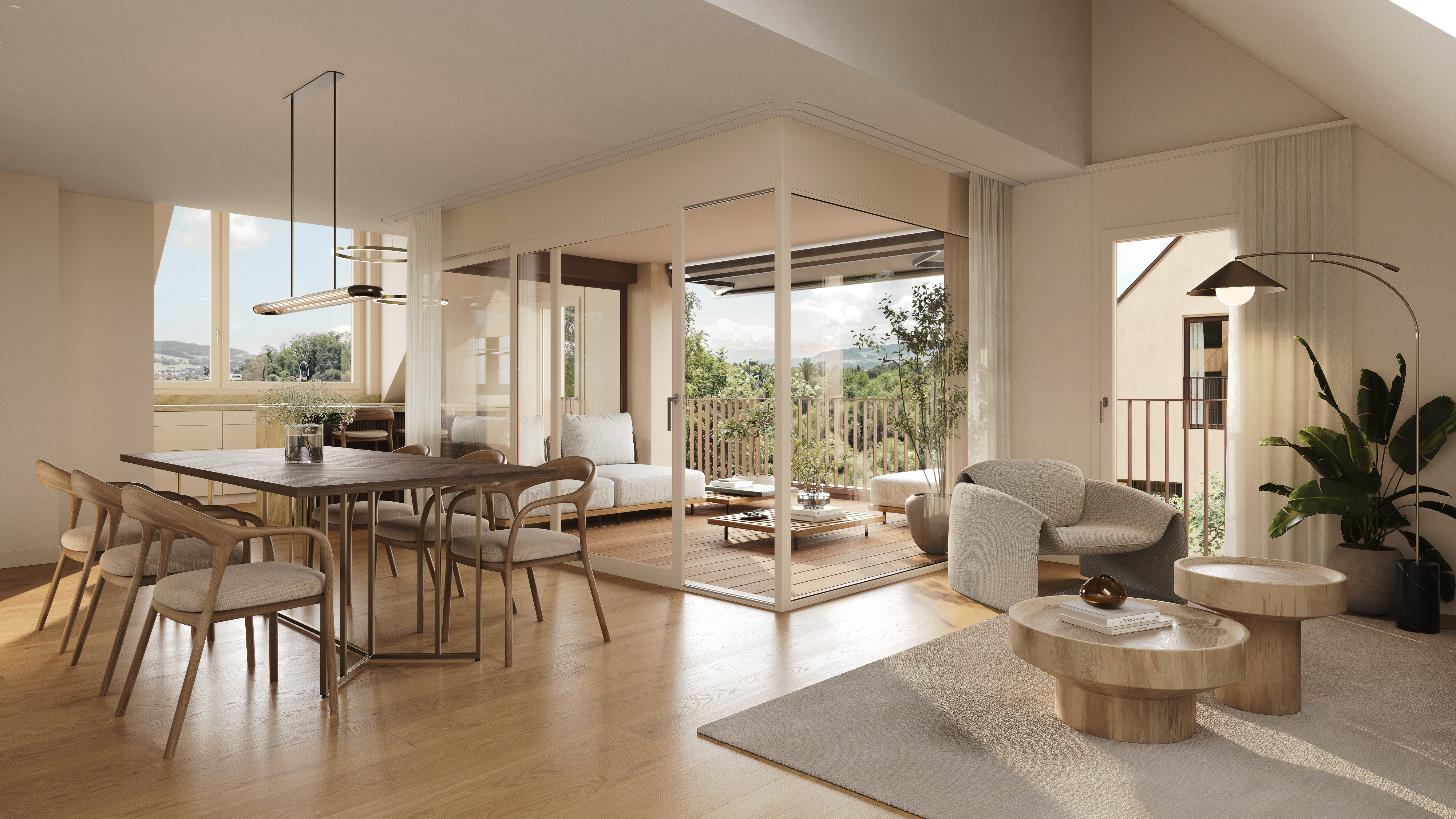 Heller Wohn- und Essbereich mit Loggia