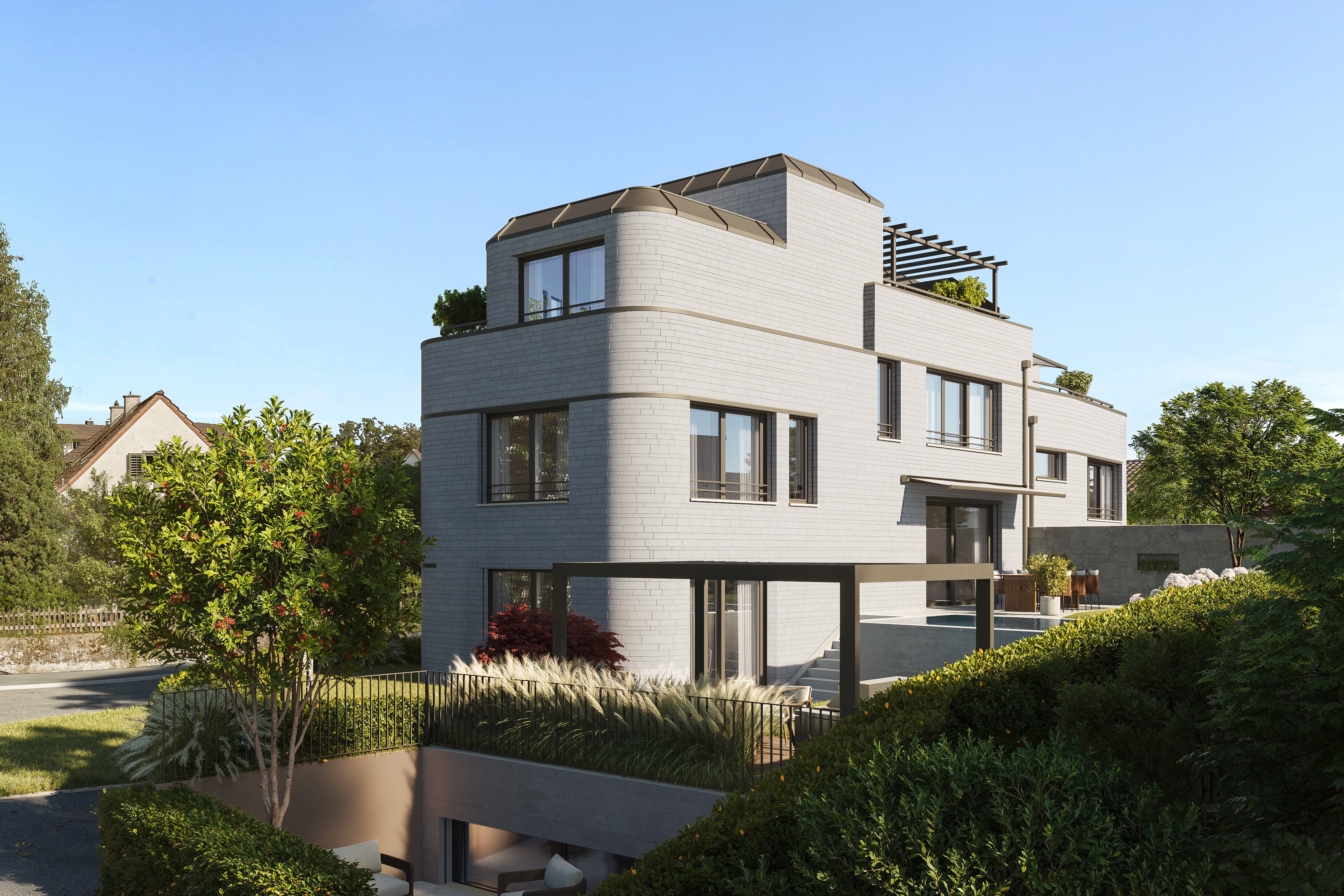 Moderne Wohnhaus-Ansicht mit Garten und Dachterrassen