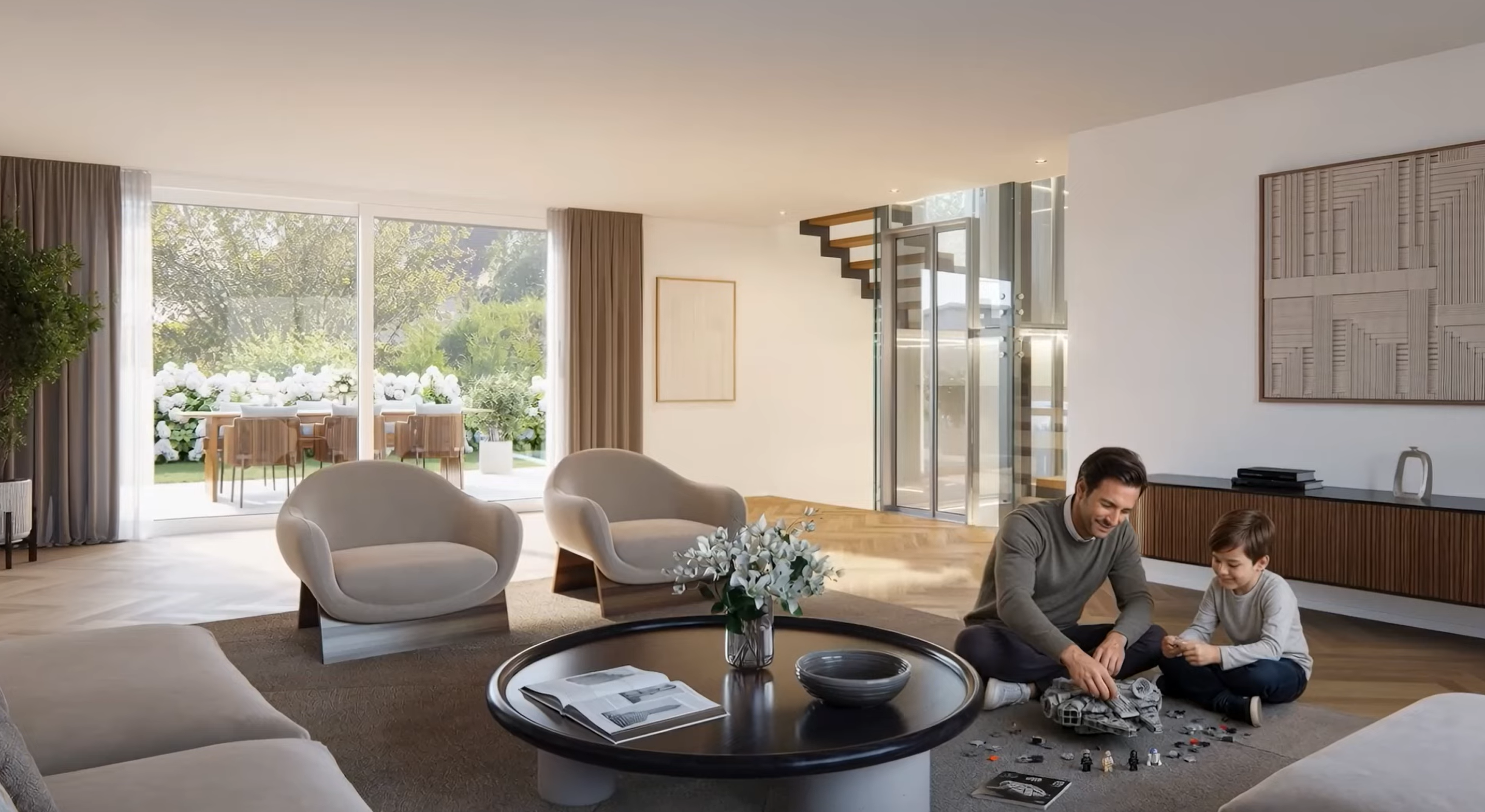 Helles modernes Wohnzimmer mit Gartenblick