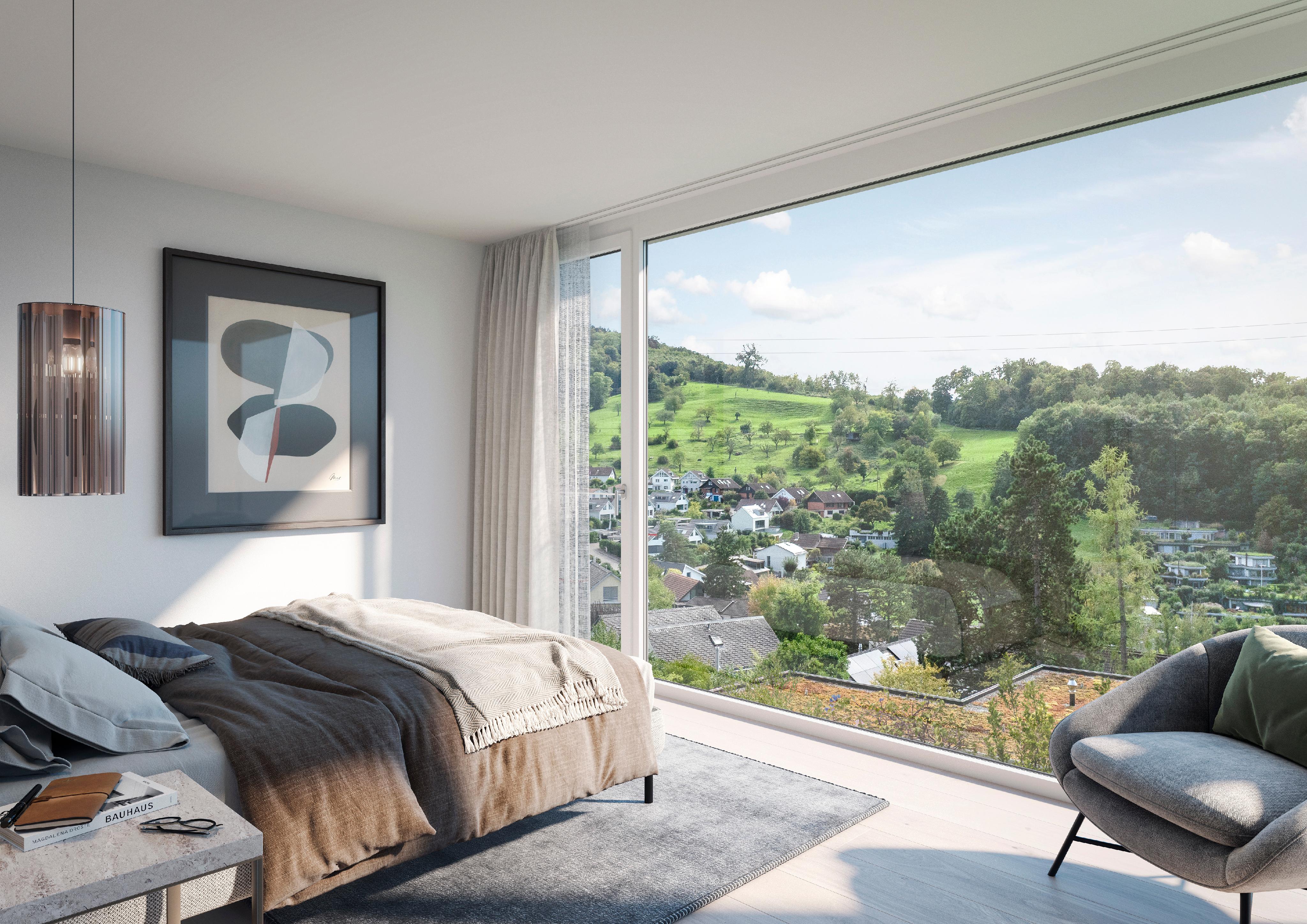 Helles Schlafzimmer mit Panoramafenster