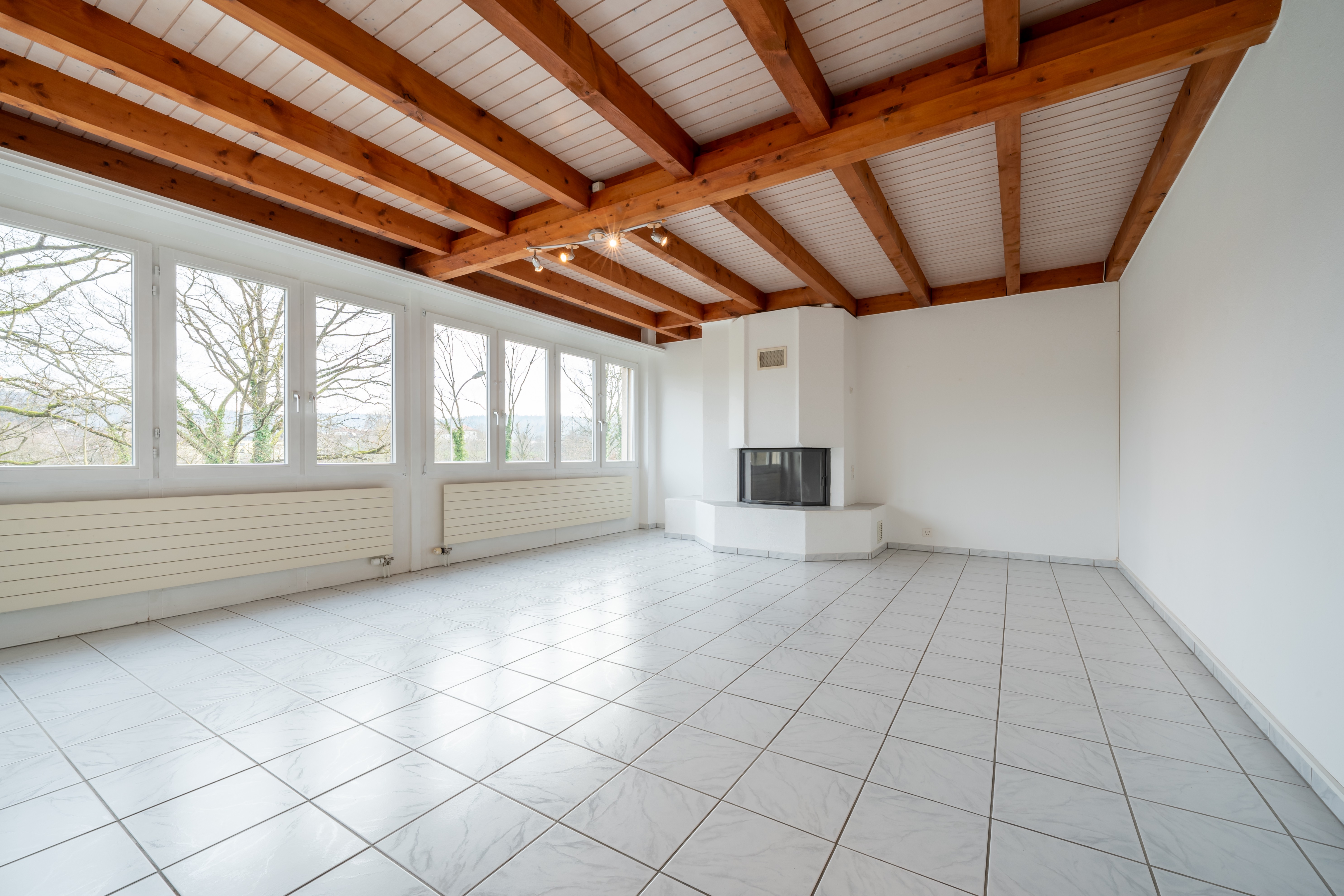 Heller Wohnraum mit Kamin und großen Fenstern