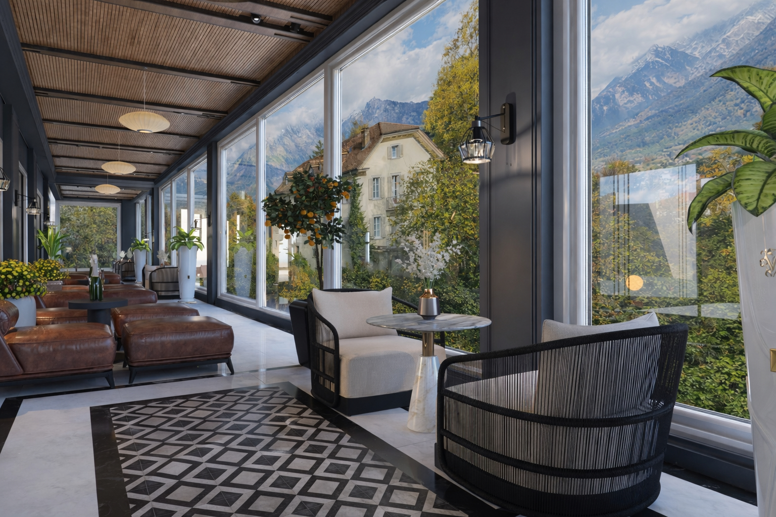Langer verglaster Lounge-Bereich mit Bergblick