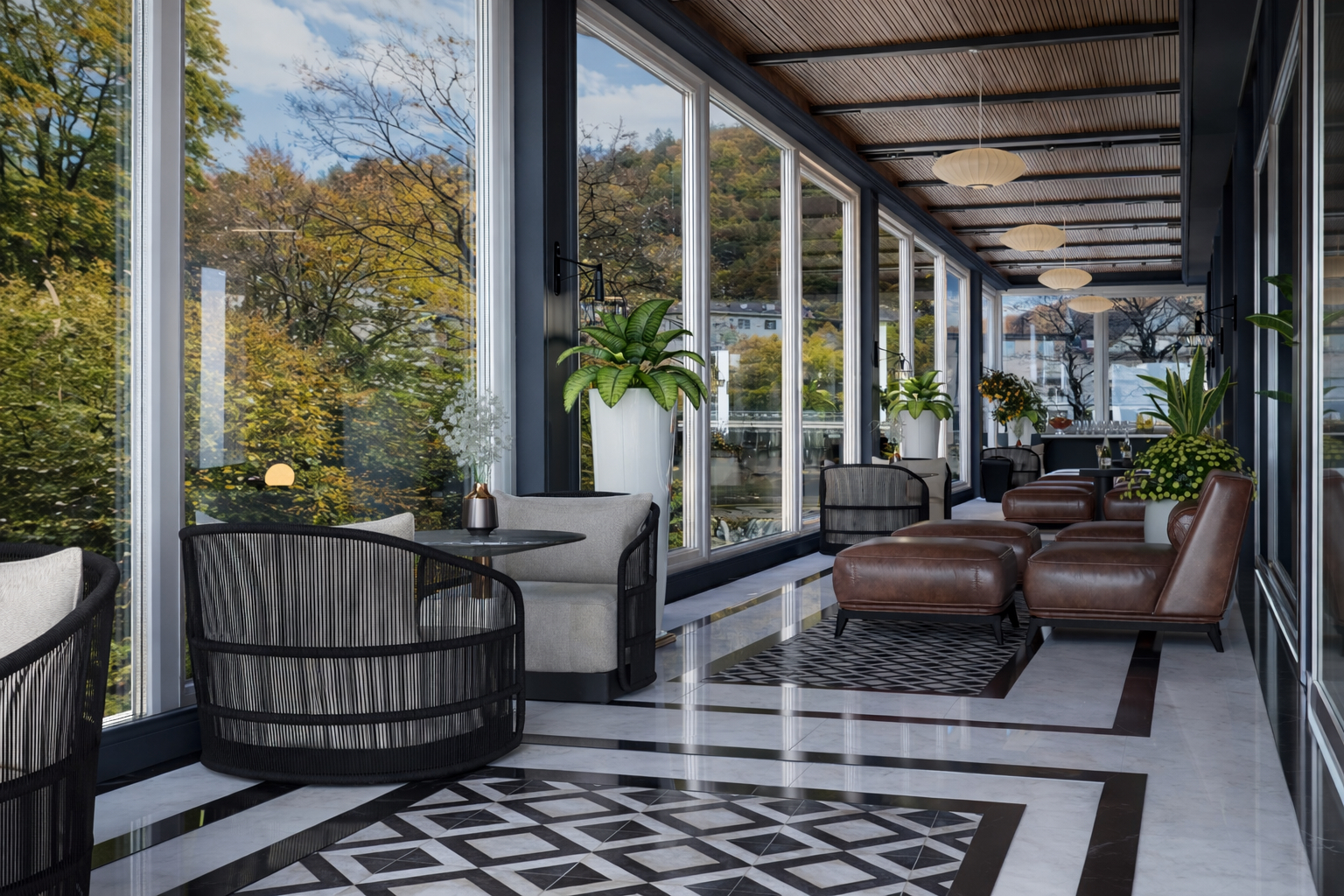 Verglaster Wintergarten mit Lounge-Bereich