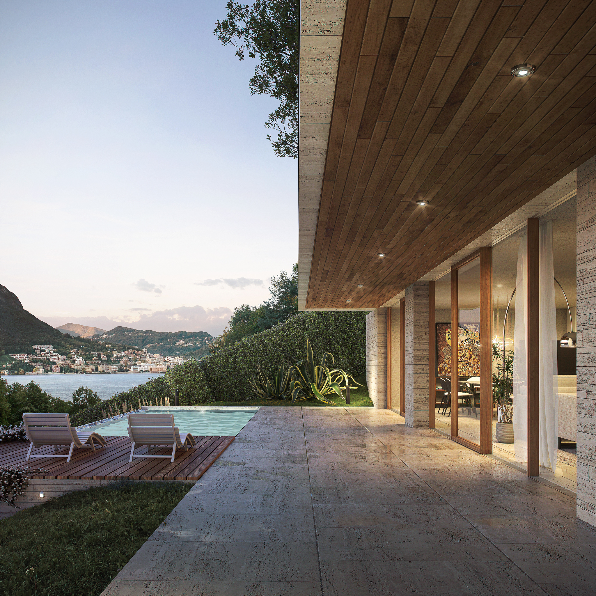 Luxuriöse Außenansicht mit Pool und Meerblick