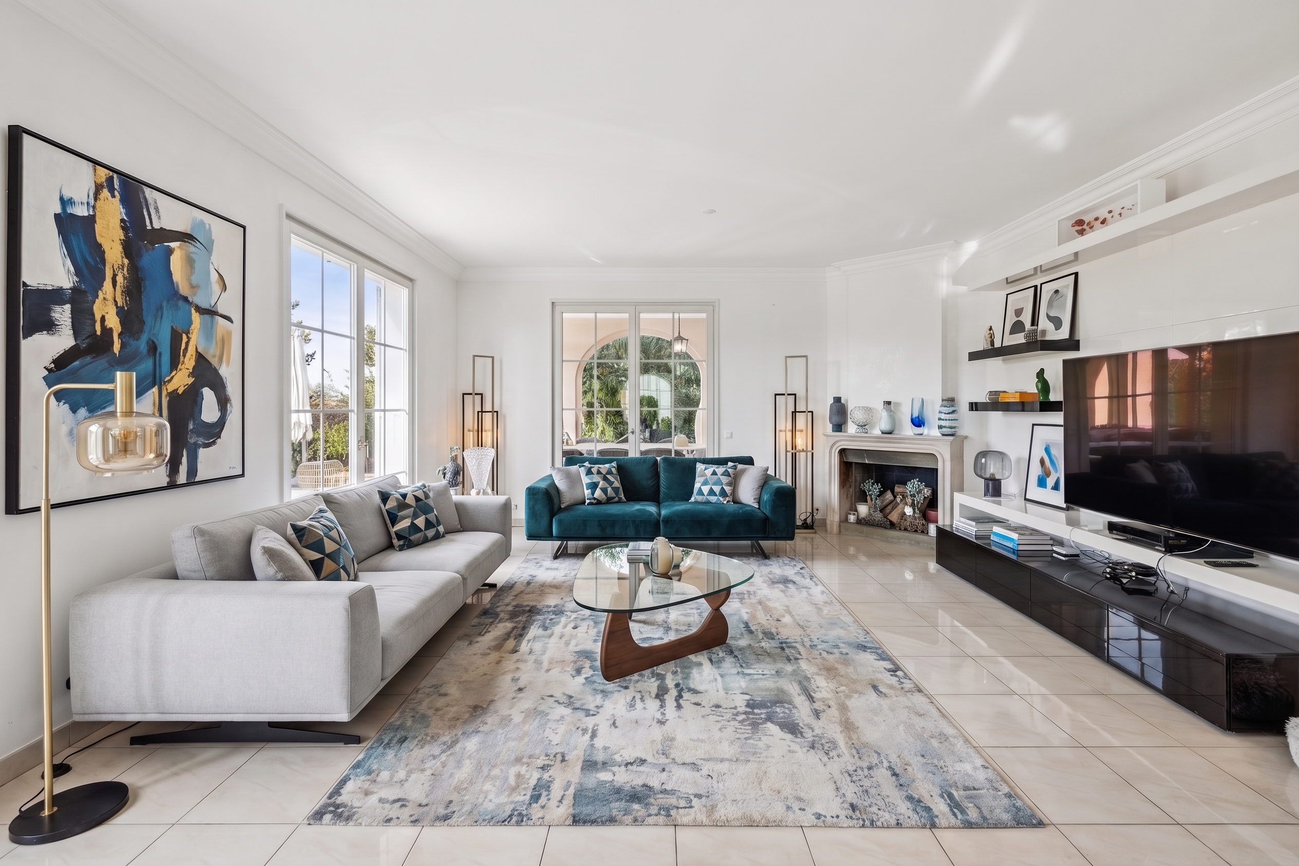 Helles, modernes Wohnzimmer mit Designer-Möbeln und Medienwand