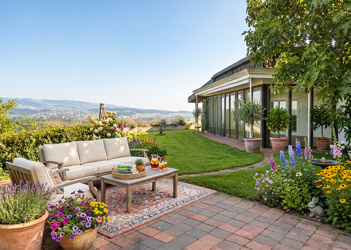 Gepflegte Terrasse mit Gartenlounge und Panoramaausblick
