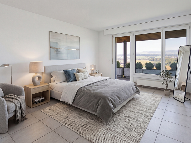 Modernes Schlafzimmer mit Panoramablick