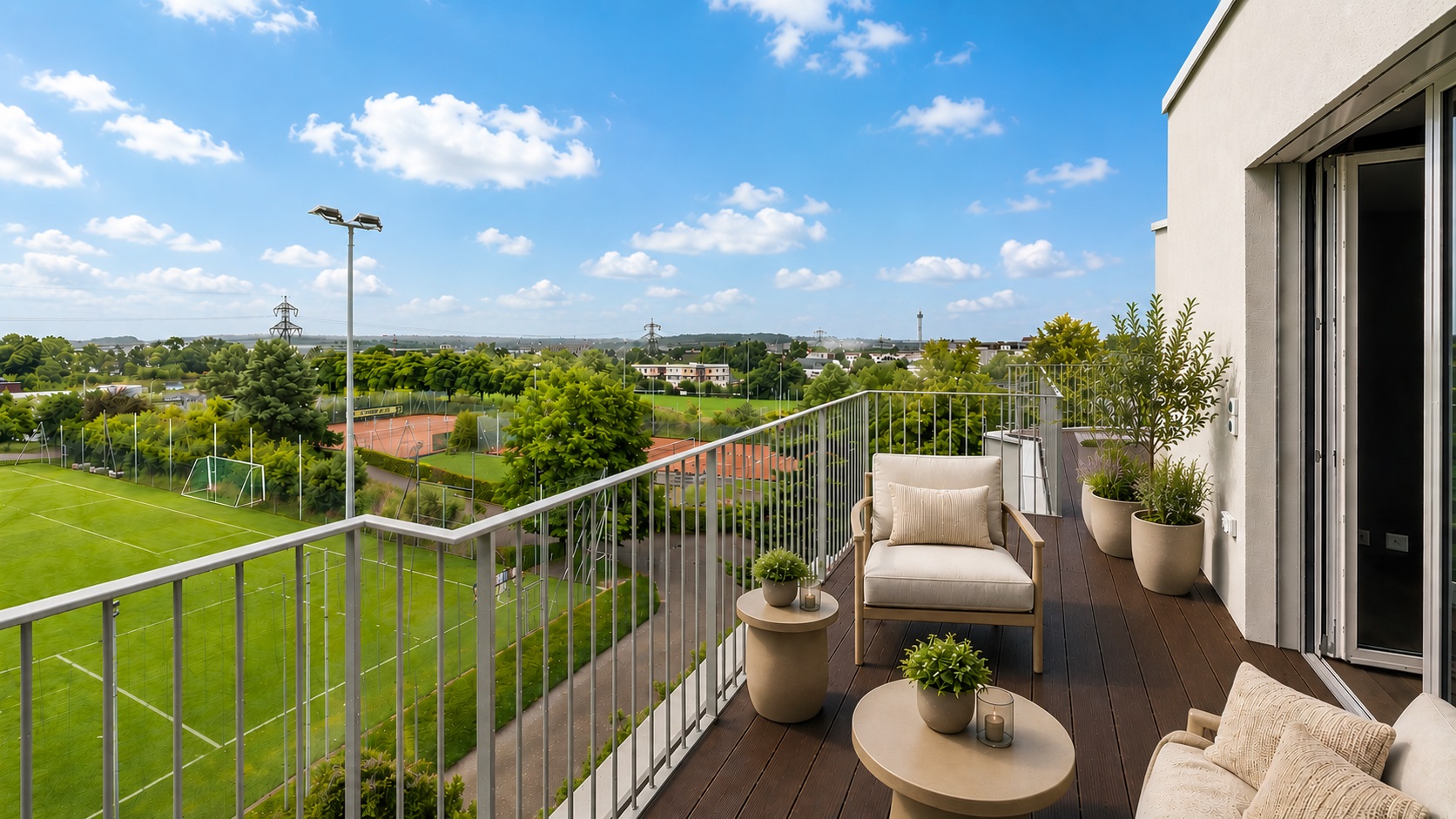 Großzügiger Balkon mit Sportplatzblick