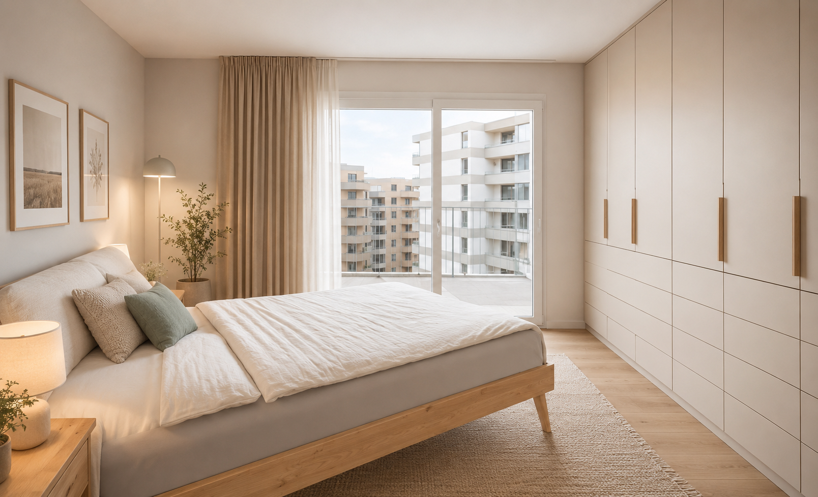 Helles, minimalistisches Schlafzimmer mit Balkonblick