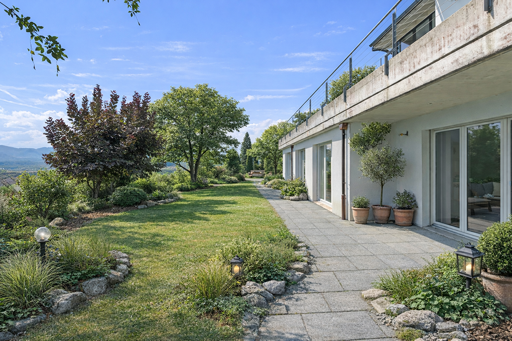 Gartenansicht eines modernen Hauses mit Terrasse