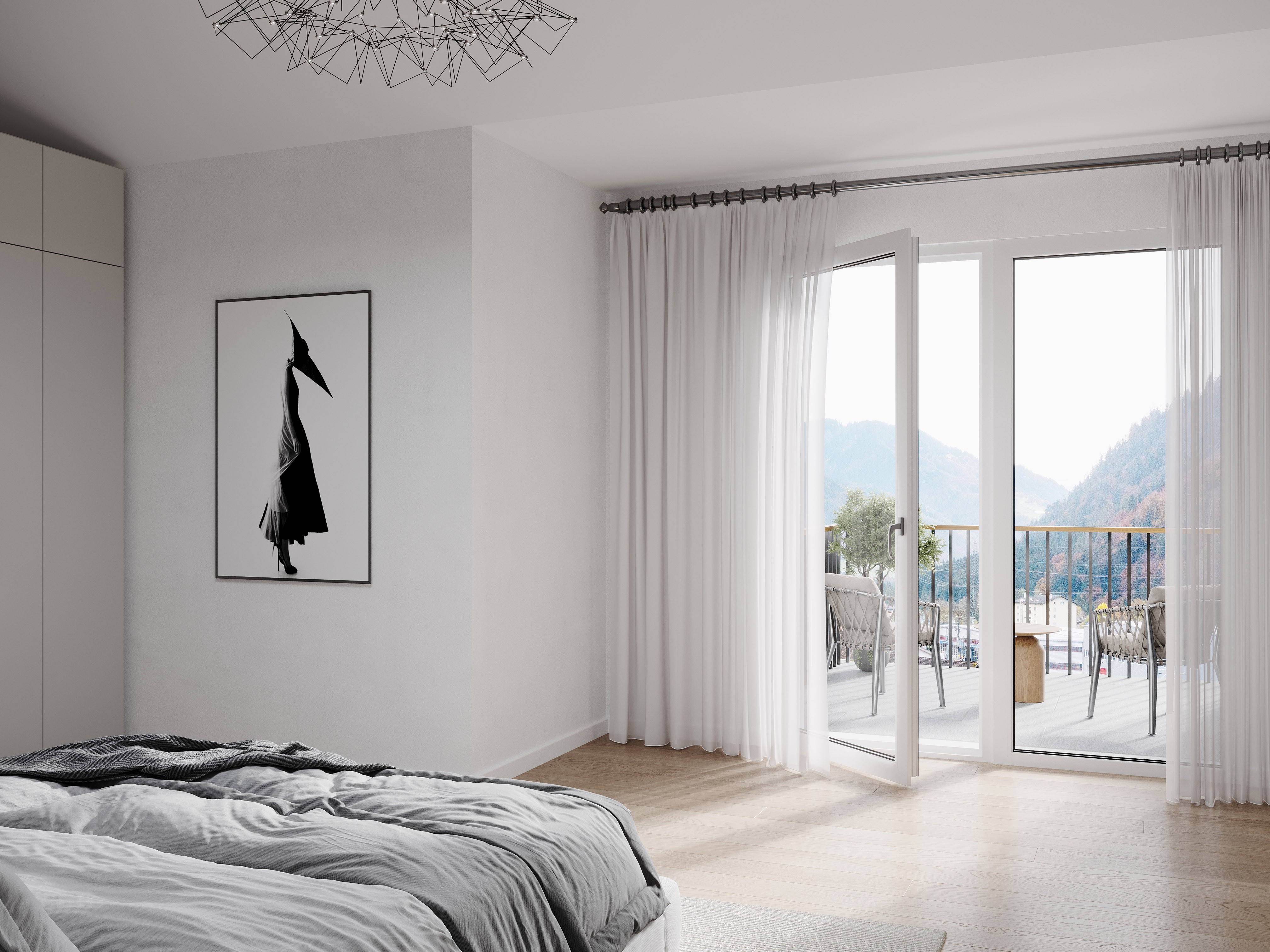 Helles Schlafzimmer mit Balkonblick