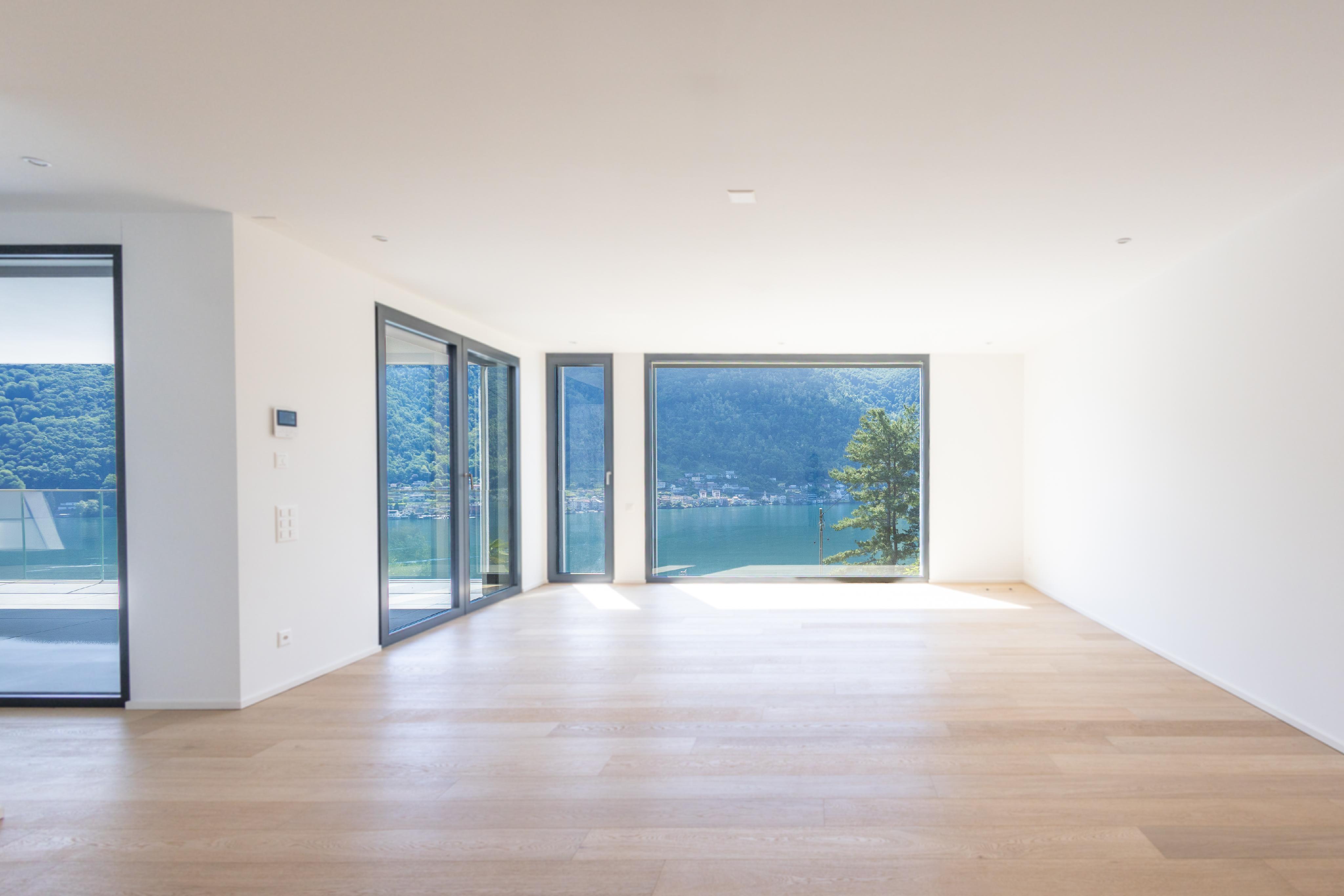 Heller leerer Wohnraum mit Seeblick