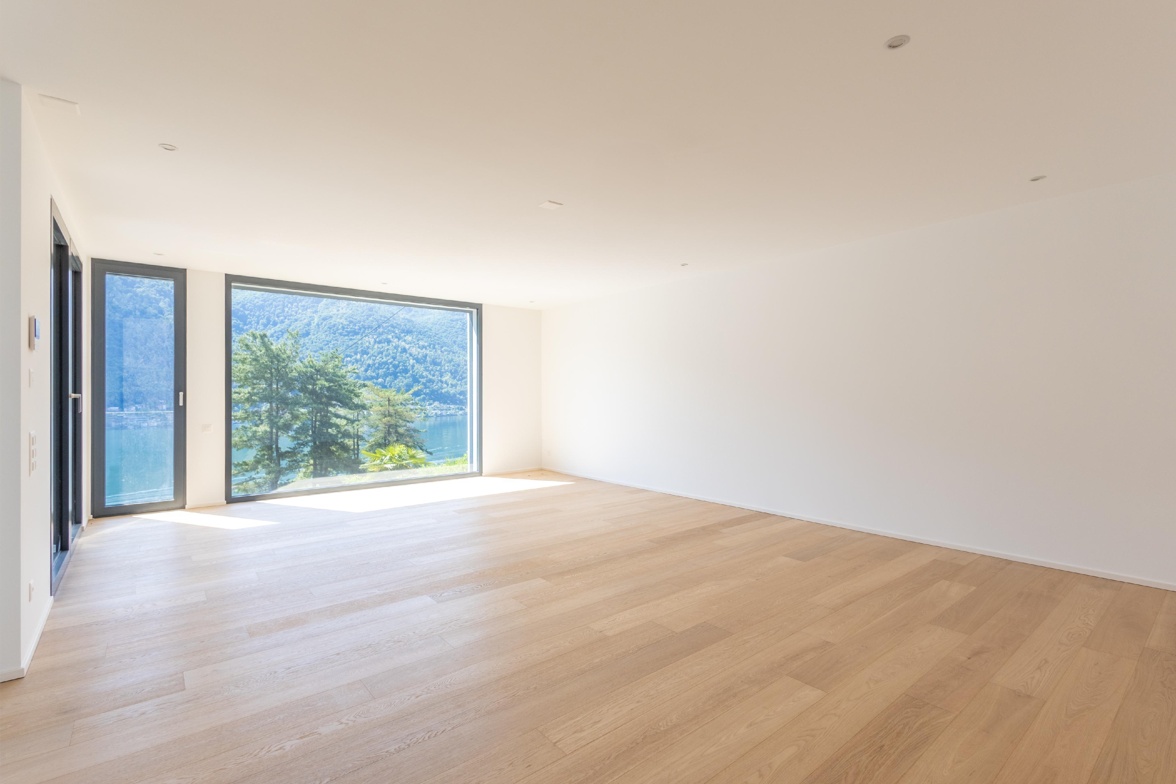 Leerer heller Wohnraum mit Seeblick