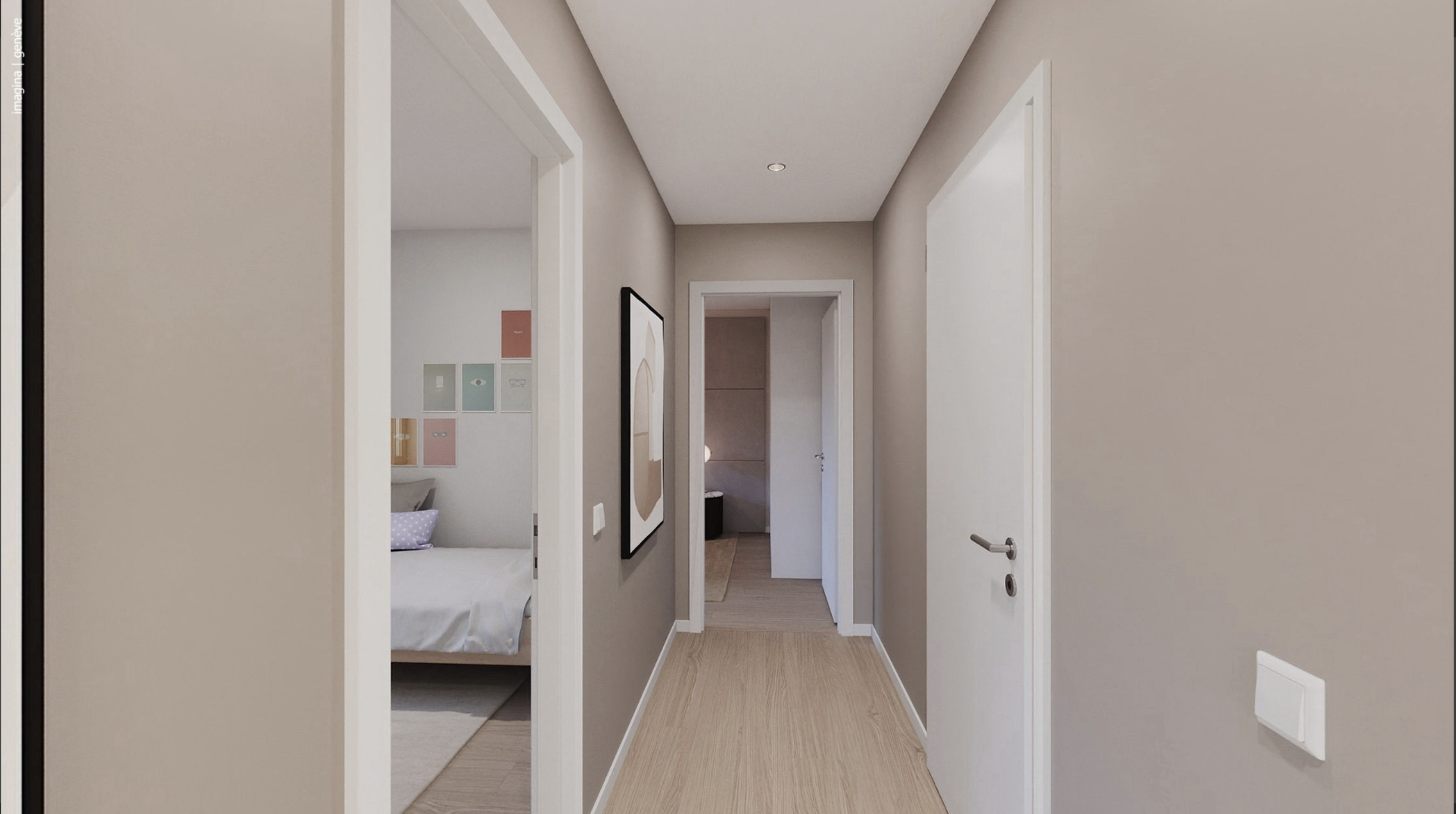 Heller Flur mit Blick in ein Schlafzimmer