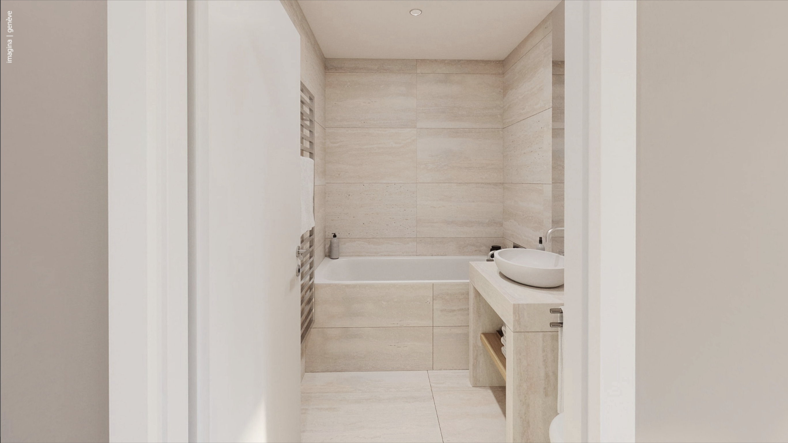 Helles, minimalistisches Badezimmer mit Badewanne und Aufsatzwaschbecken