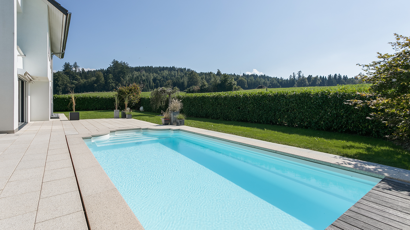 Moderner Außenbereich mit Pool und Garten