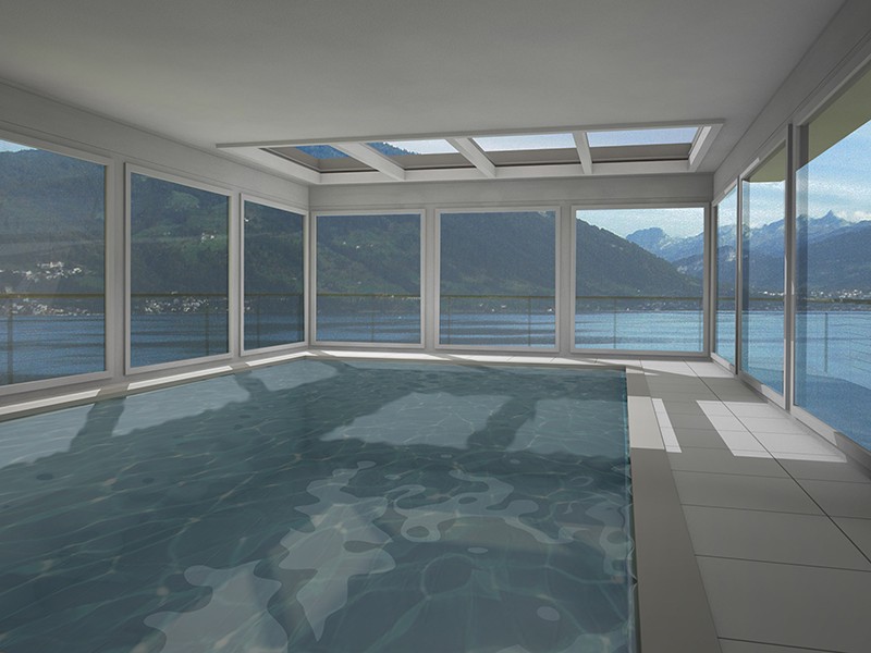 Innenpoolraum mit Panoramablick auf See und Berge