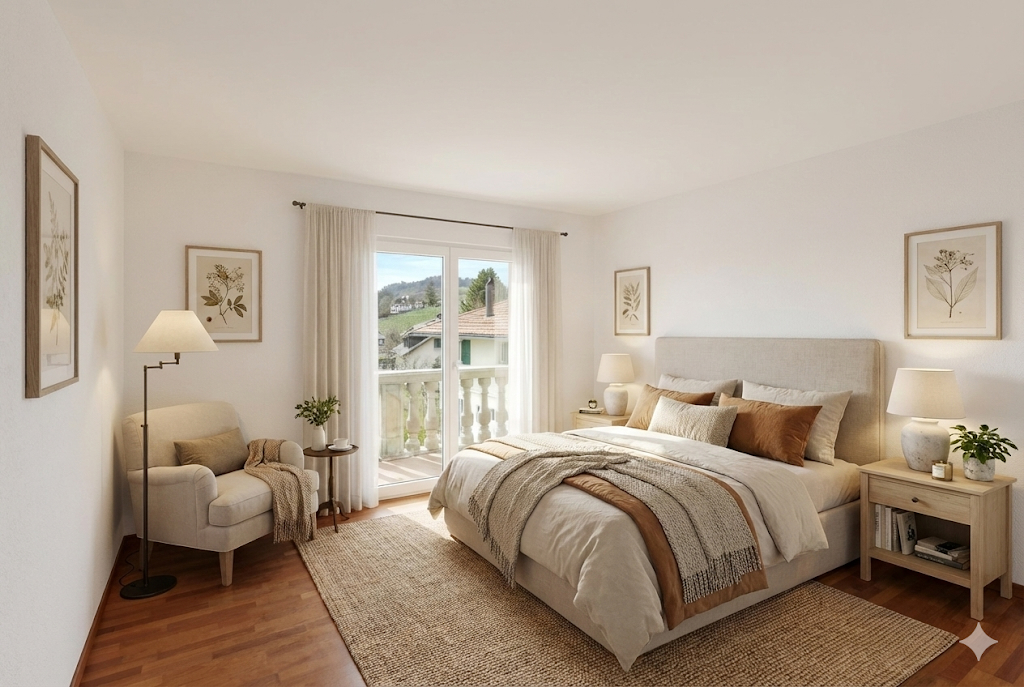 Helles Schlafzimmer mit Balkon und Naturtönen