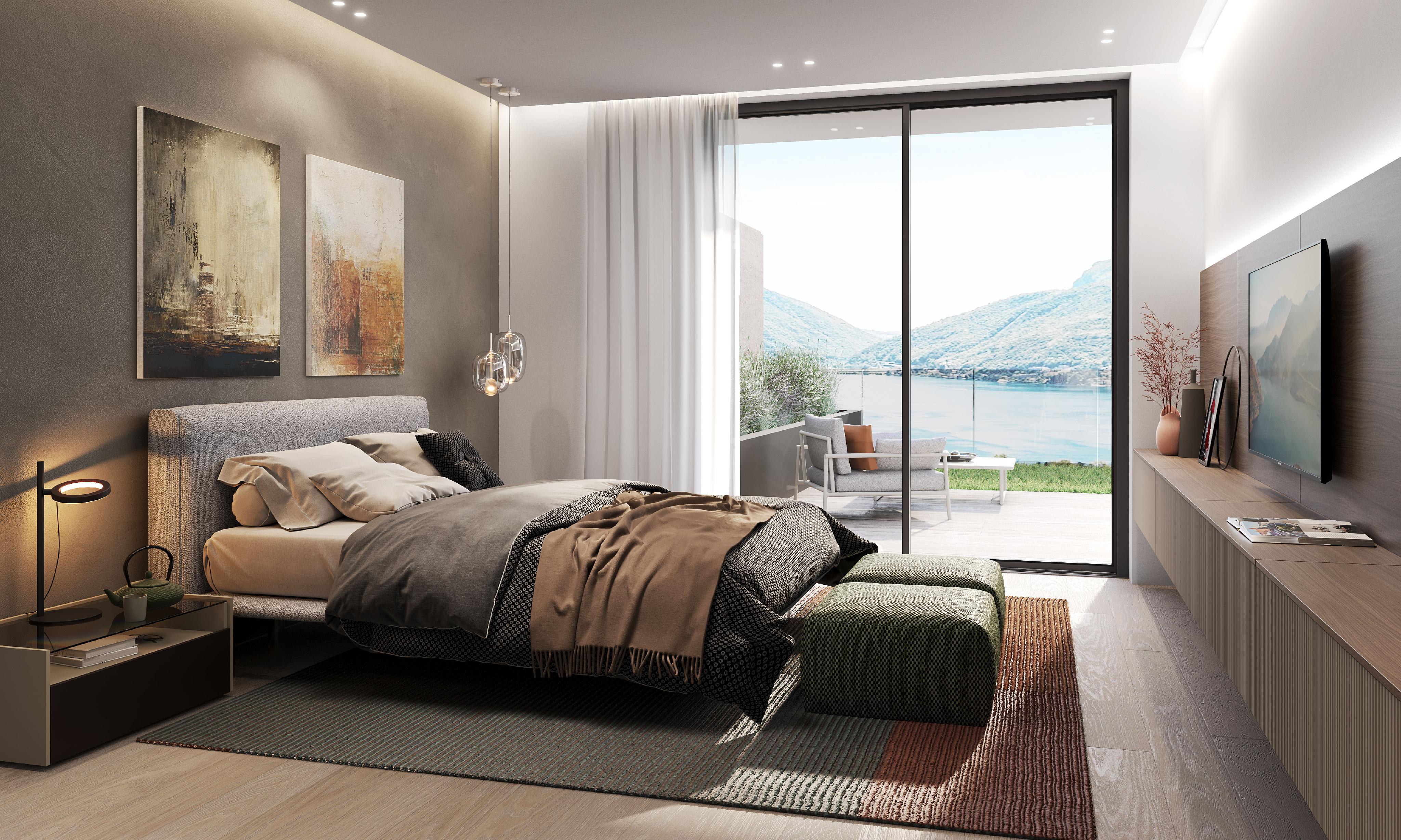 Modernes Schlafzimmer mit Seeblick